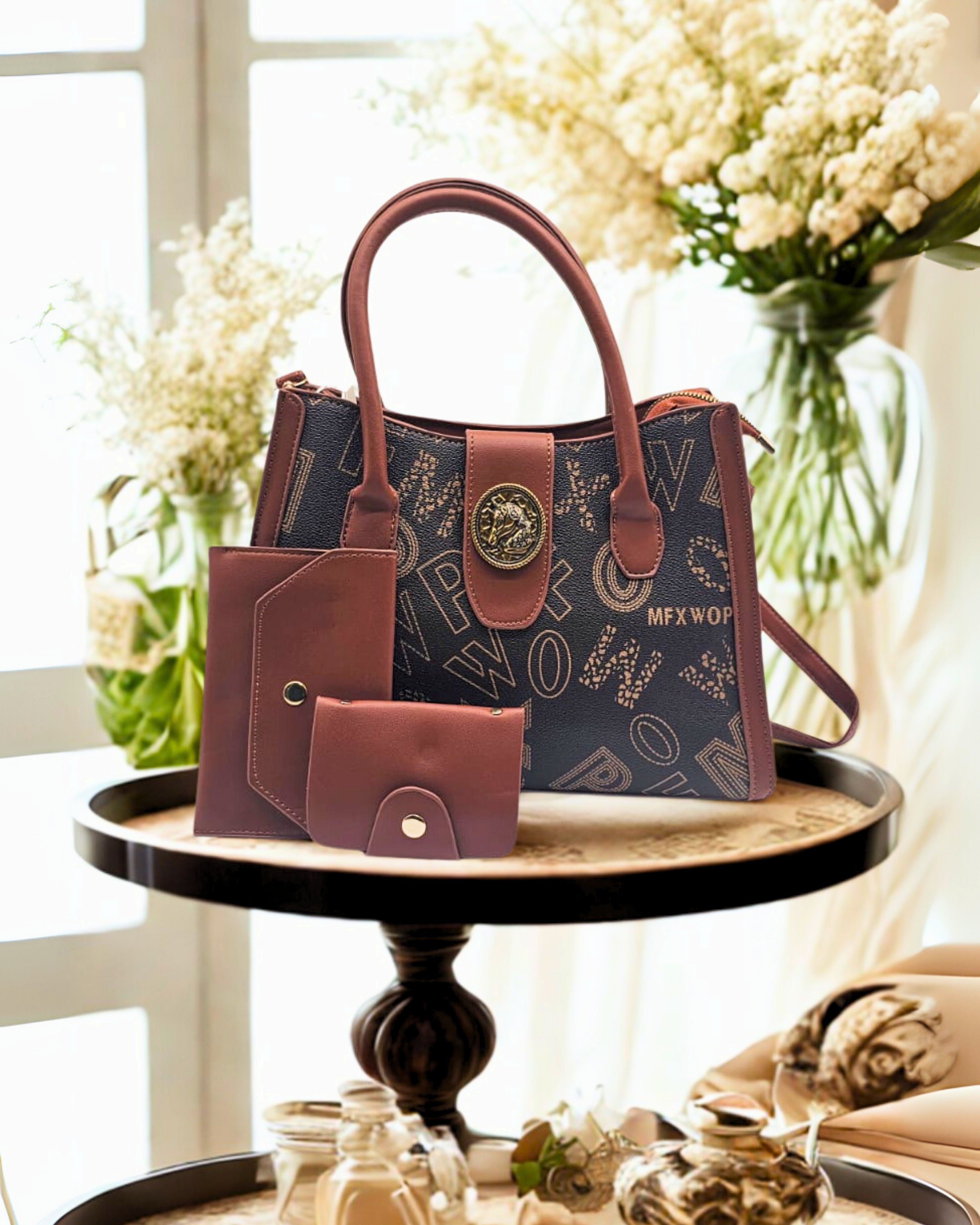 Luxury Brown & White Monogram Tote Handbag with Matching Wallet – Designer-Inspired PU Leather Purse for Women