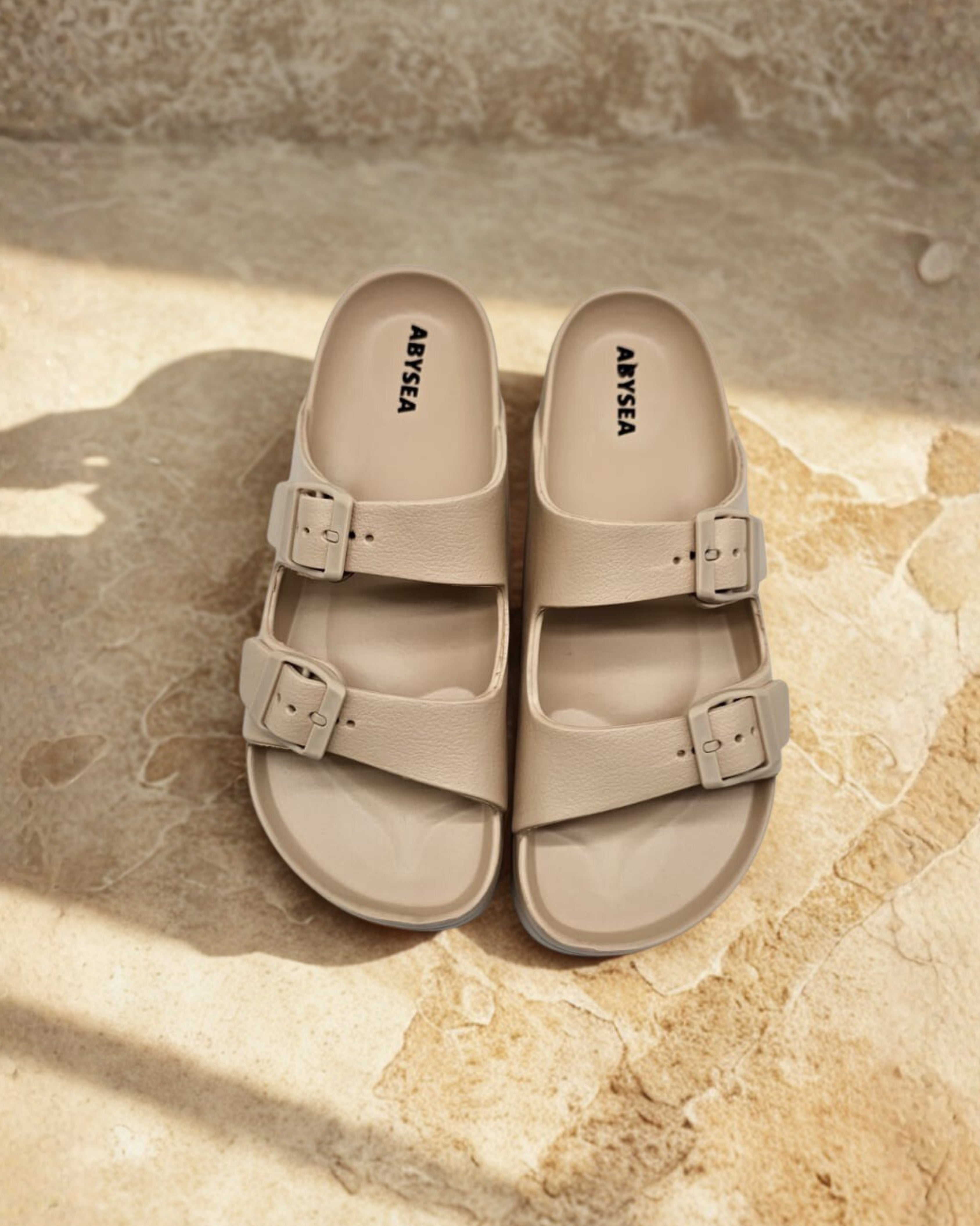 Beige Double Strap Sandals for Unisex  – Adjustable Buckle Comfort Slides