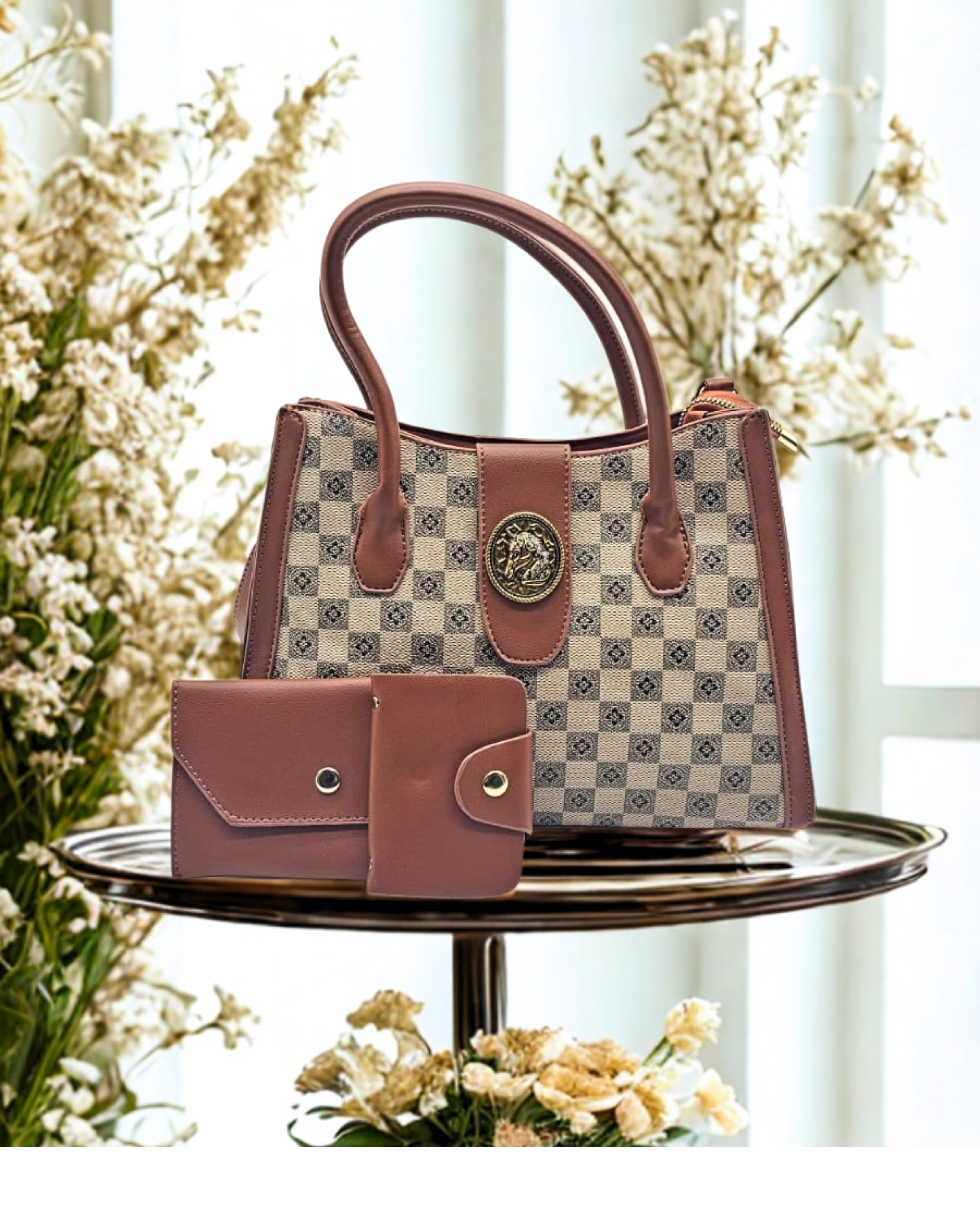 Luxury Brown & White Monogram Tote Handbag with Matching Wallet – Designer-Inspired PU Leather Purse for Women