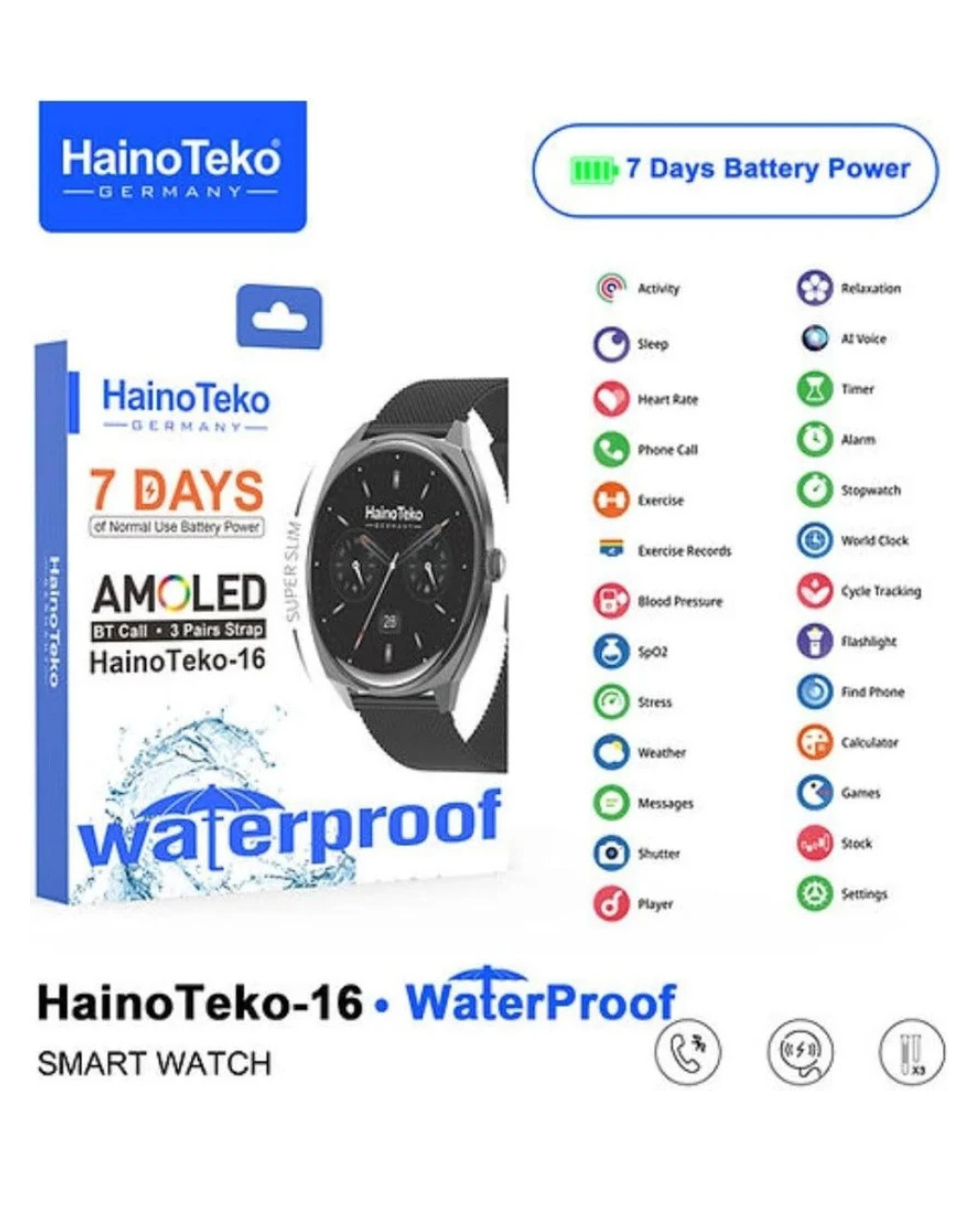 Haino Teko 16 Ultra-Slim Waterproof Smartwatch with Full AMOLED Display 3 Straps