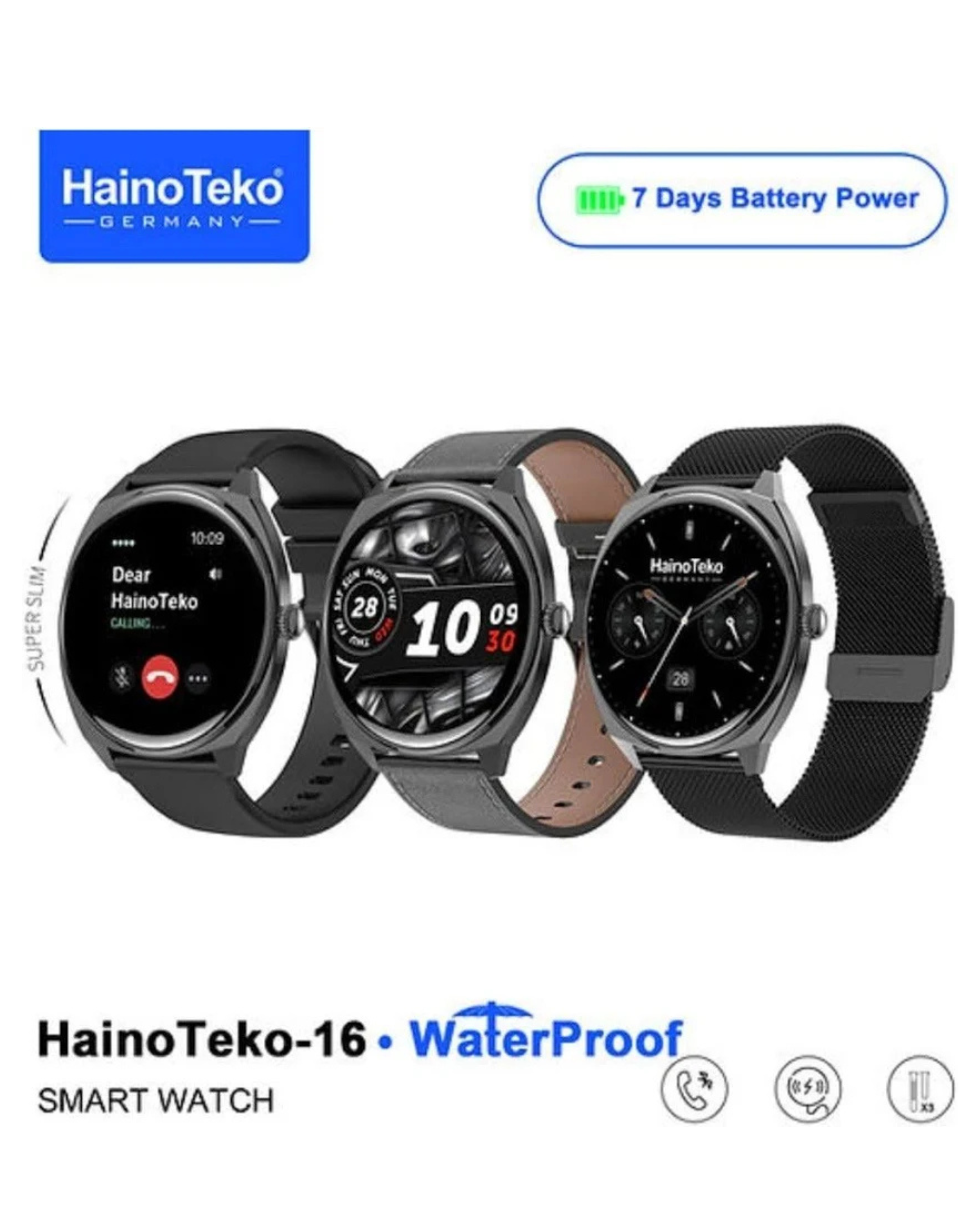 Haino Teko 16 Ultra-Slim Waterproof Smartwatch with Full AMOLED Display 3 Straps