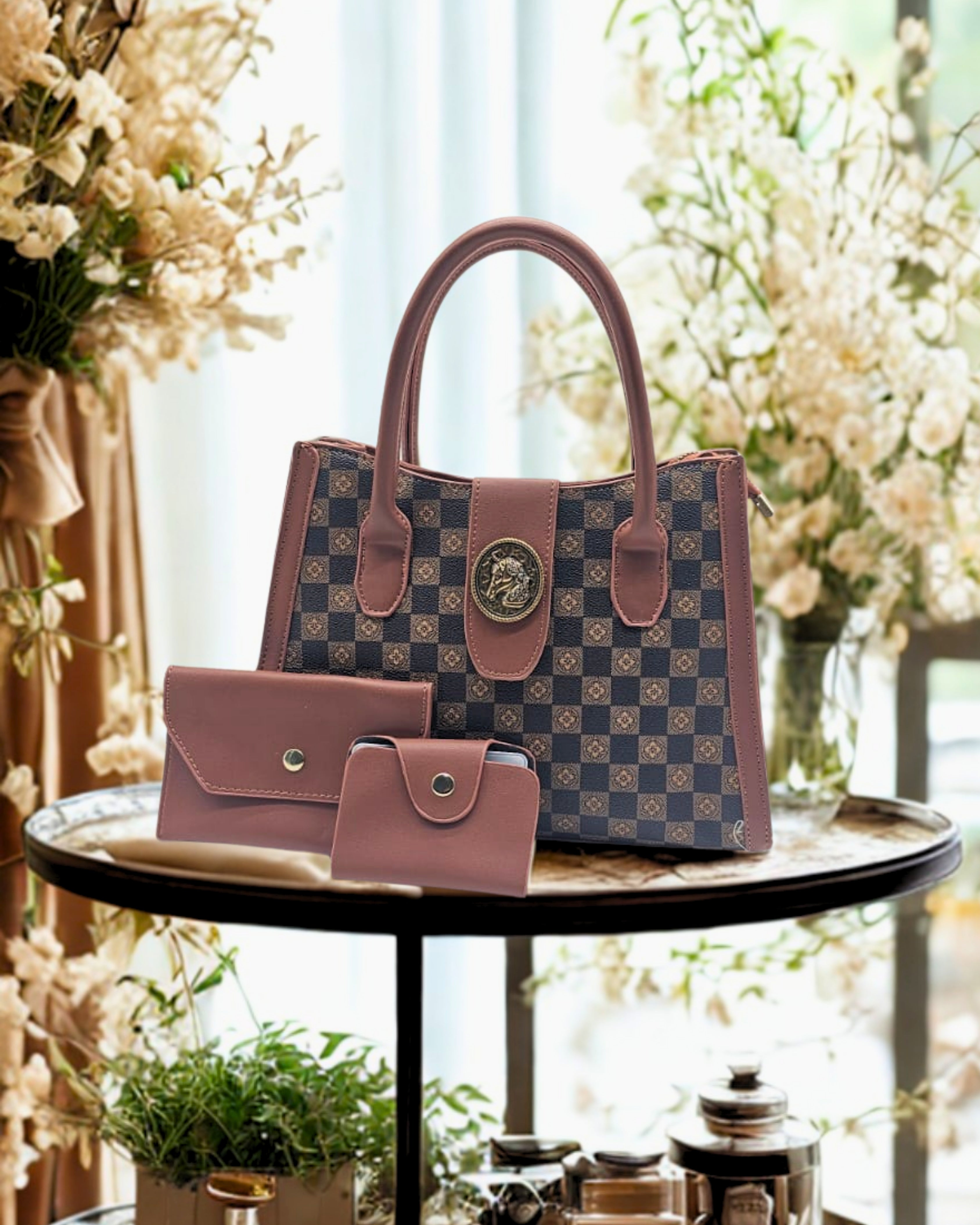 Luxury Brown & White Monogram Tote Handbag with Matching Wallet – Designer-Inspired PU Leather Purse for Women