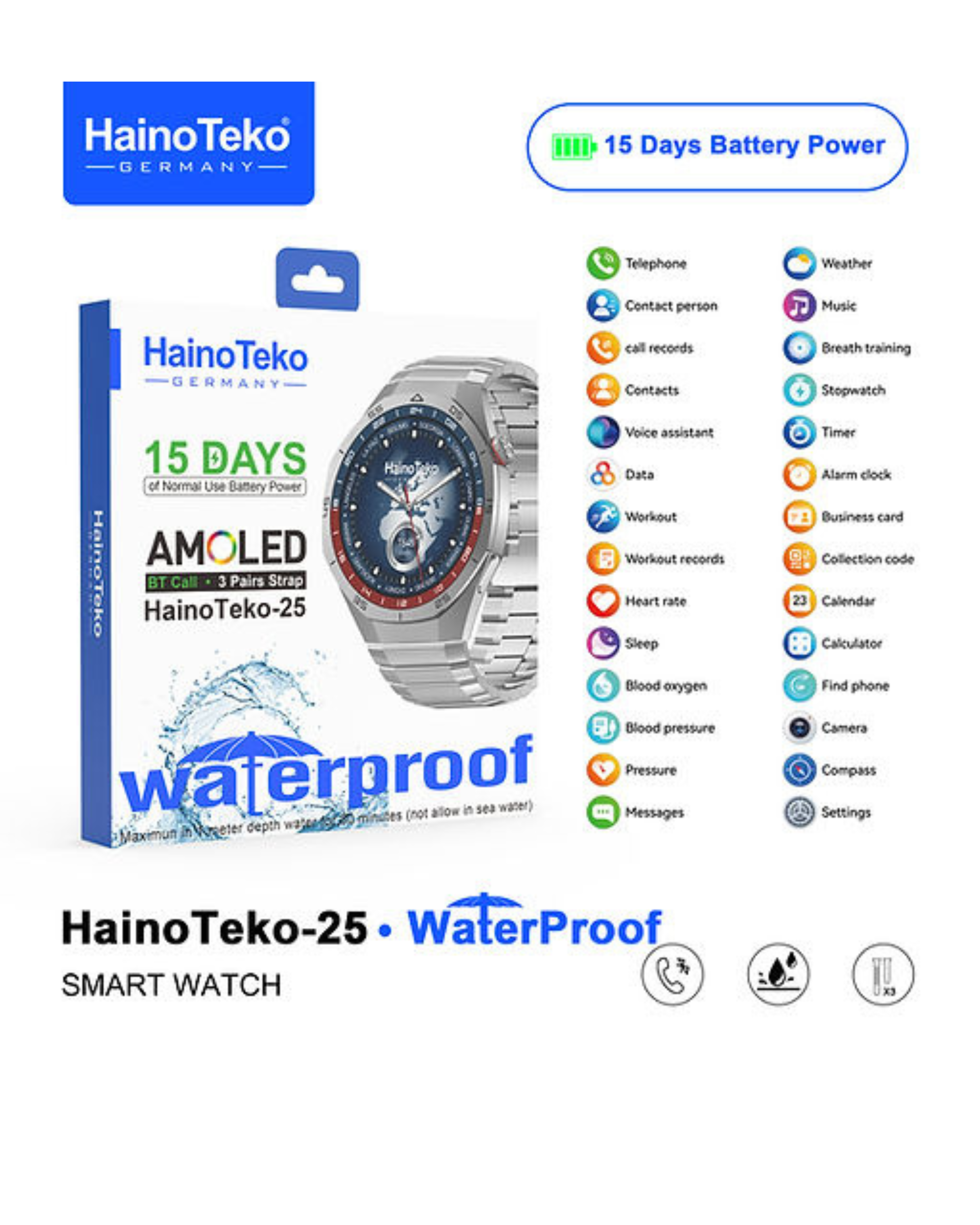 HainoTeko 25 Round Smart watch - Waterproof