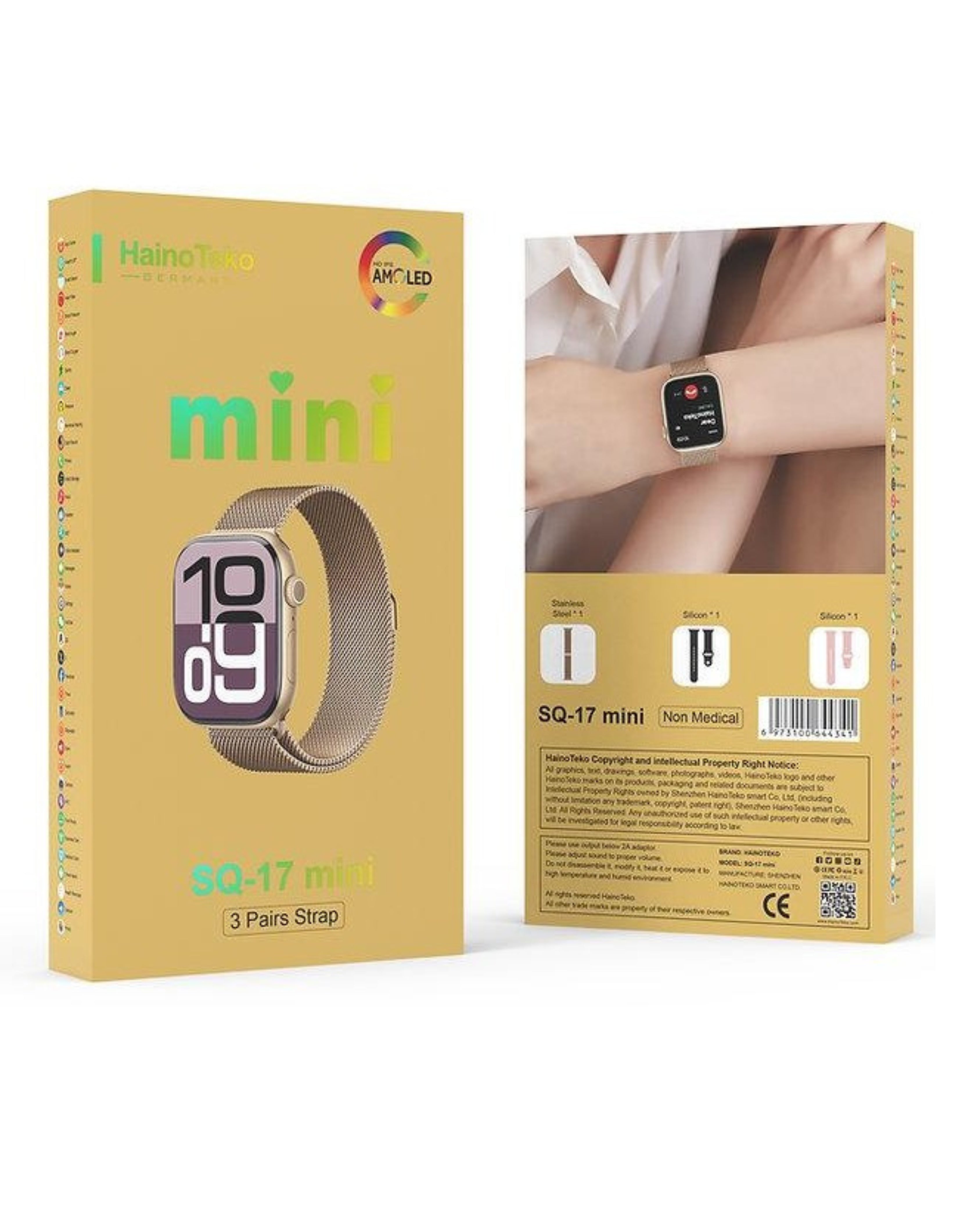 HainoTeko SQ-17 Mini Smart Watch AMOLED Display with 3 Interchangeable Straps for Women - Golden