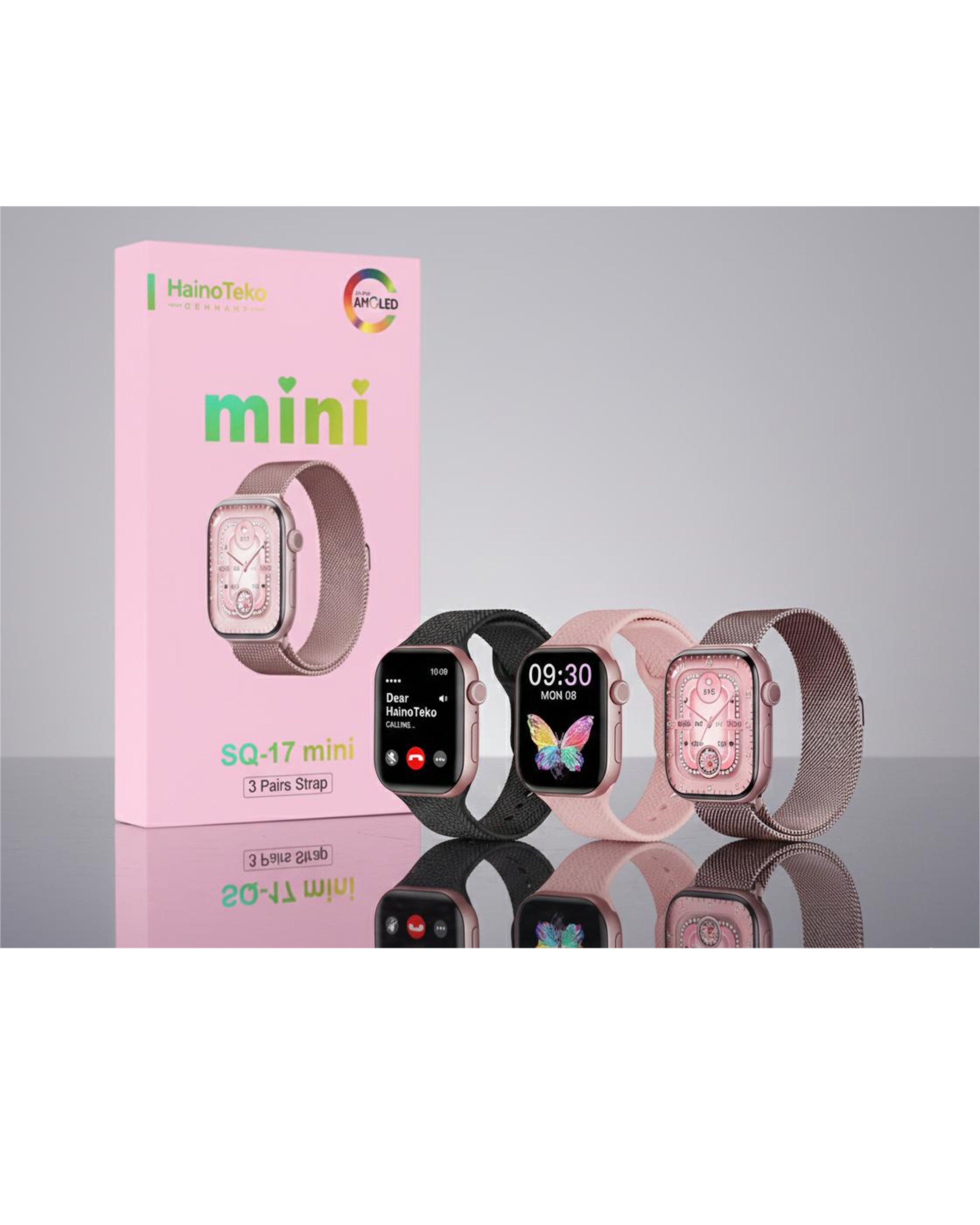 HainoTeko SQ-17 Mini Smart Watch AMOLED Display with 3 Interchangeable Straps for Women - Pink