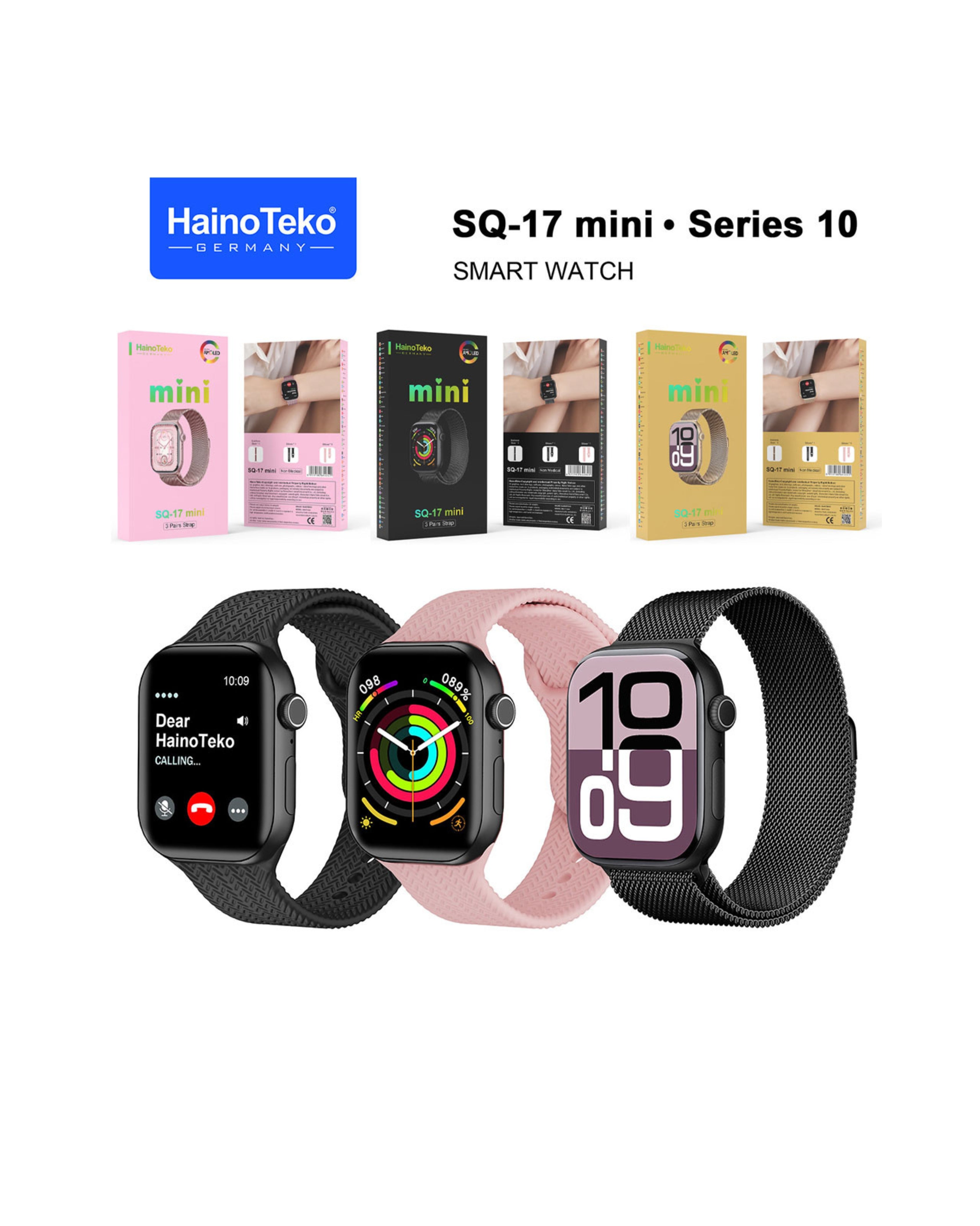 HainoTeko SQ-17 Mini Smart Watch AMOLED Display with 3 Interchangeable Straps for Women - Black