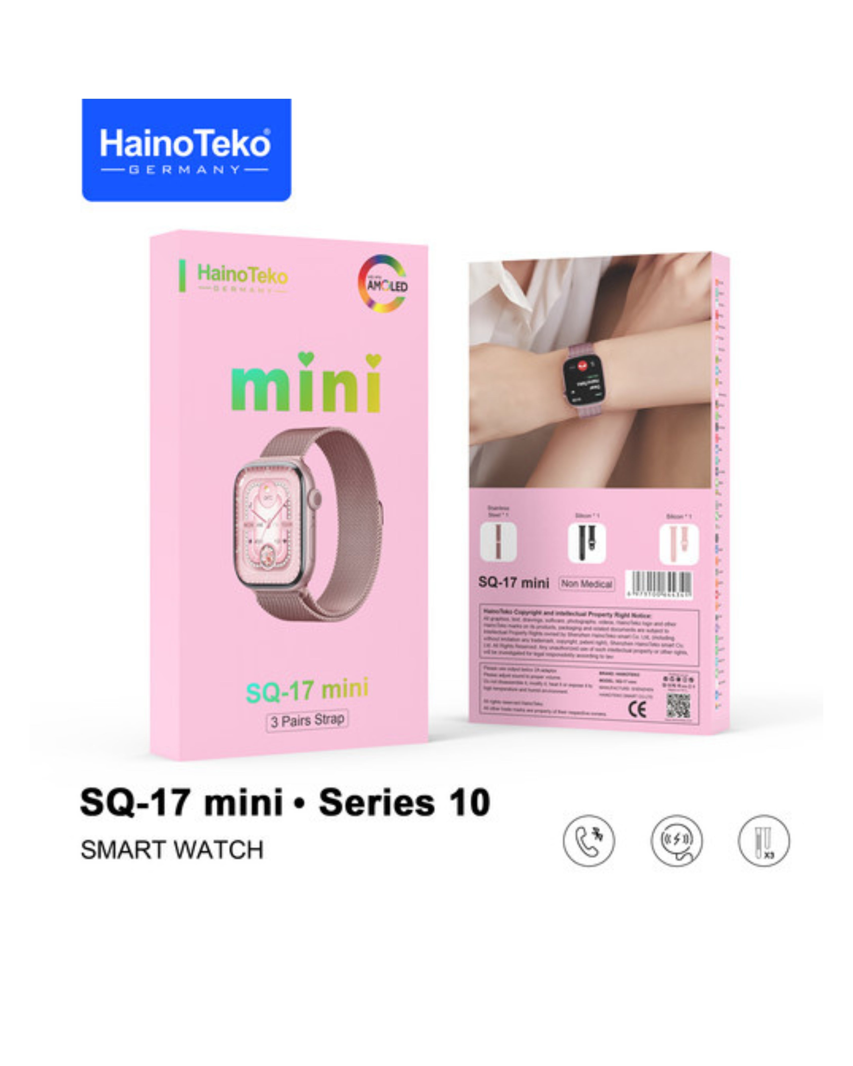 HainoTeko SQ-17 Mini Smart Watch AMOLED Display with 3 Interchangeable Straps for Women - Pink