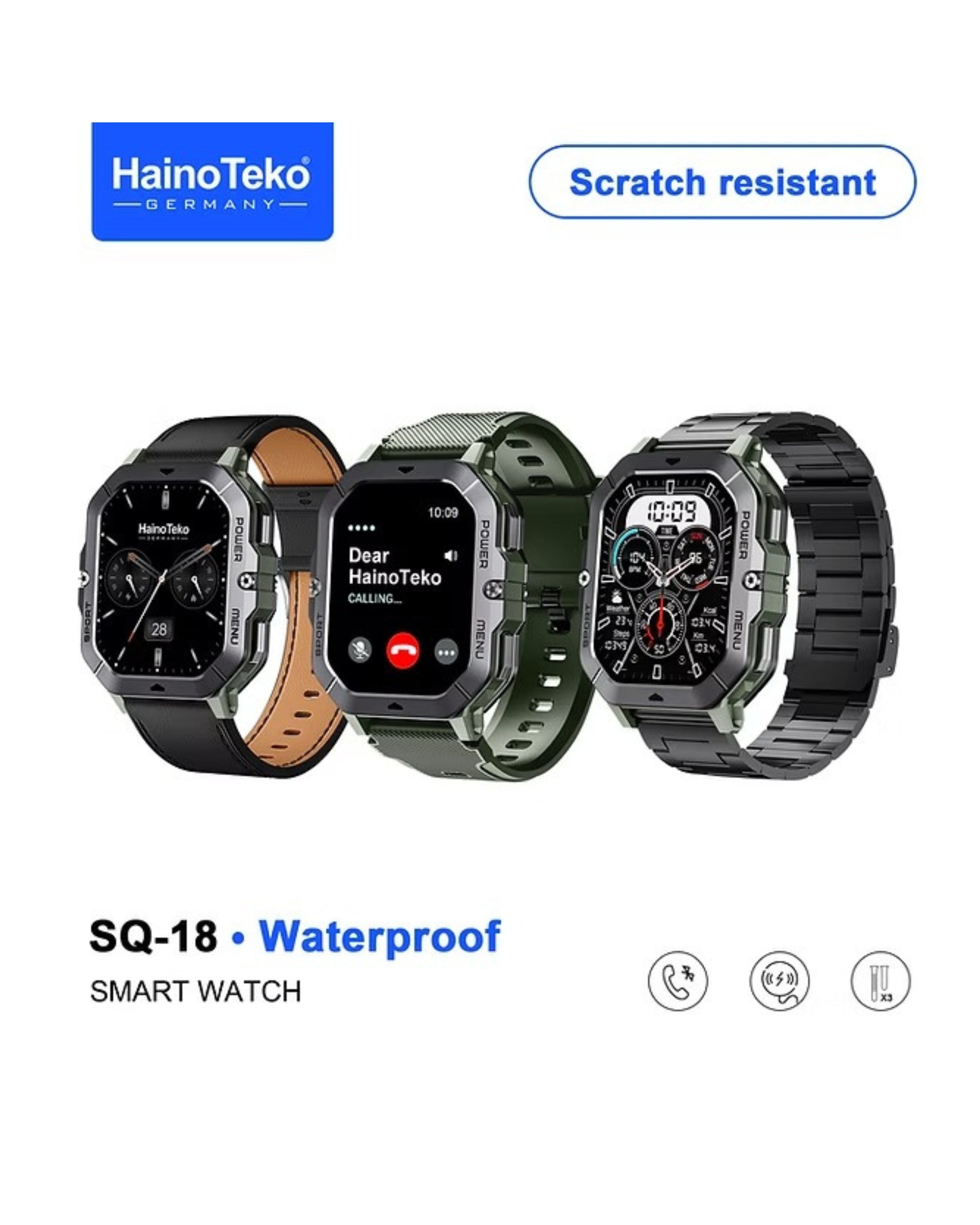 Haino Teko - SQ-18 Waterproof Smart Watch with three interchangeable straps