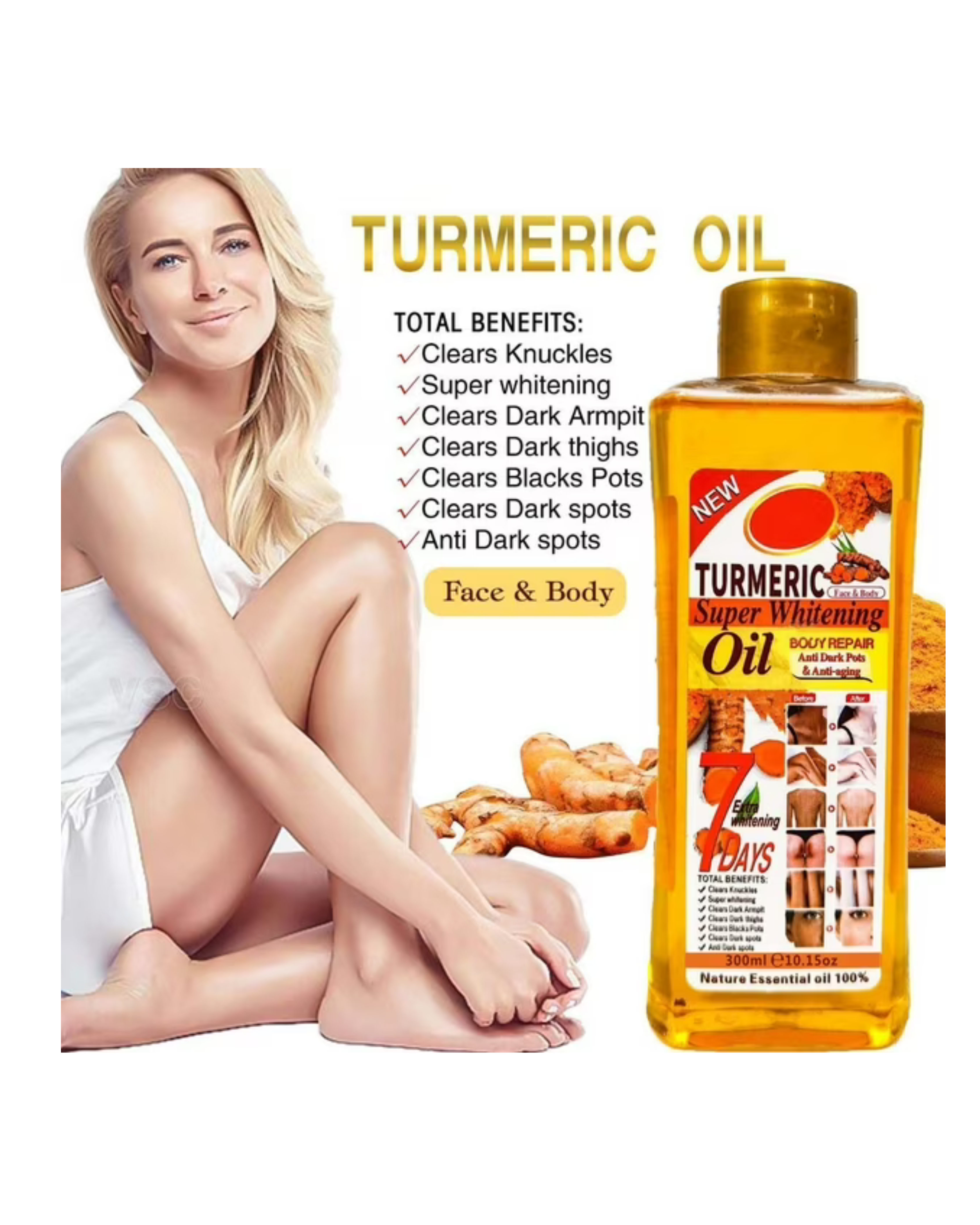 Veet Gold Turmeric Oil Super Whitening Body oil - Anti Dark Spot & Anti Ageing, Nature Essential oil 100% - 300 ml