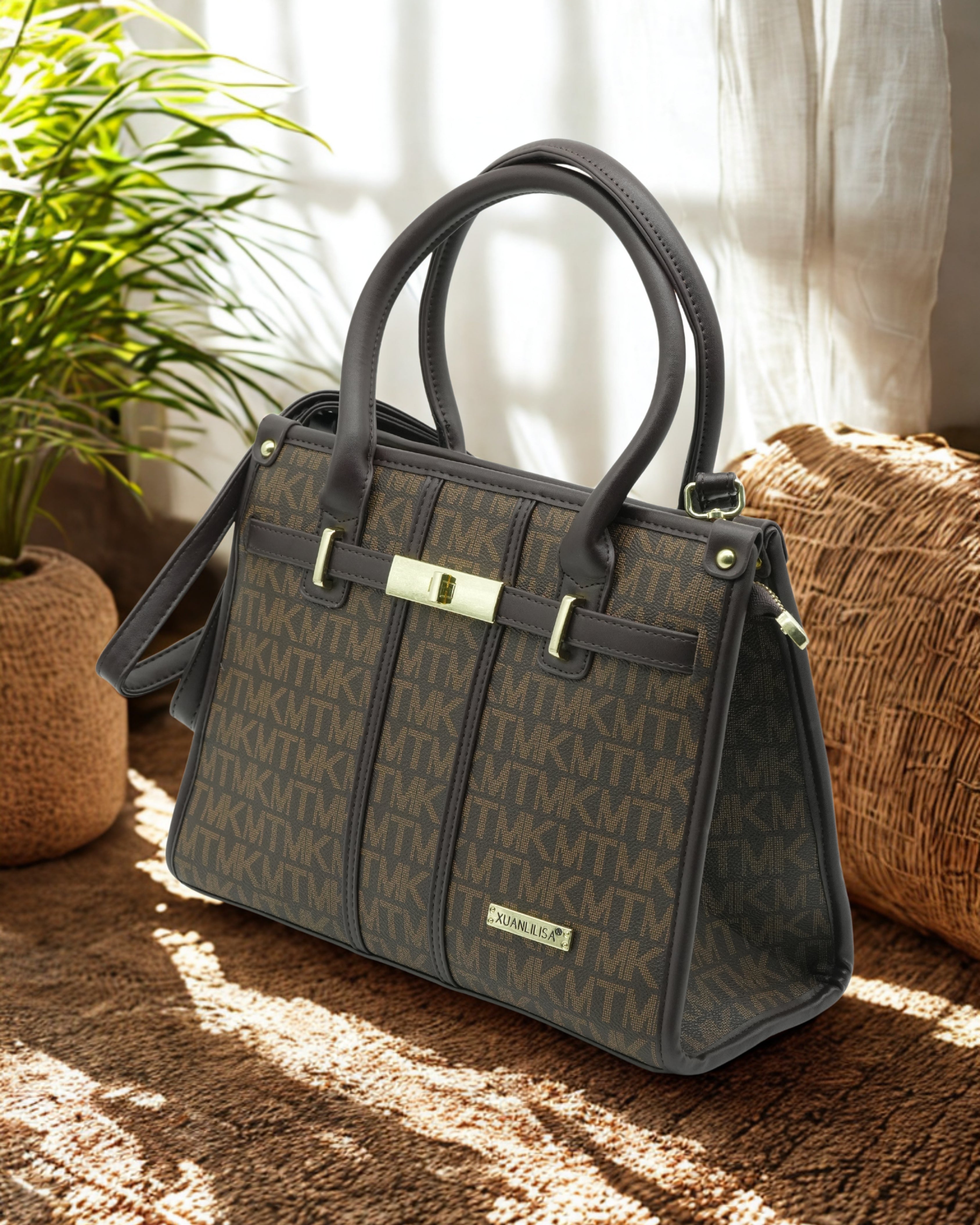 Designer-Inspired Brown Monogram Tote Bag – Women’s Structured Handbag with Gold Lock & Top Handles