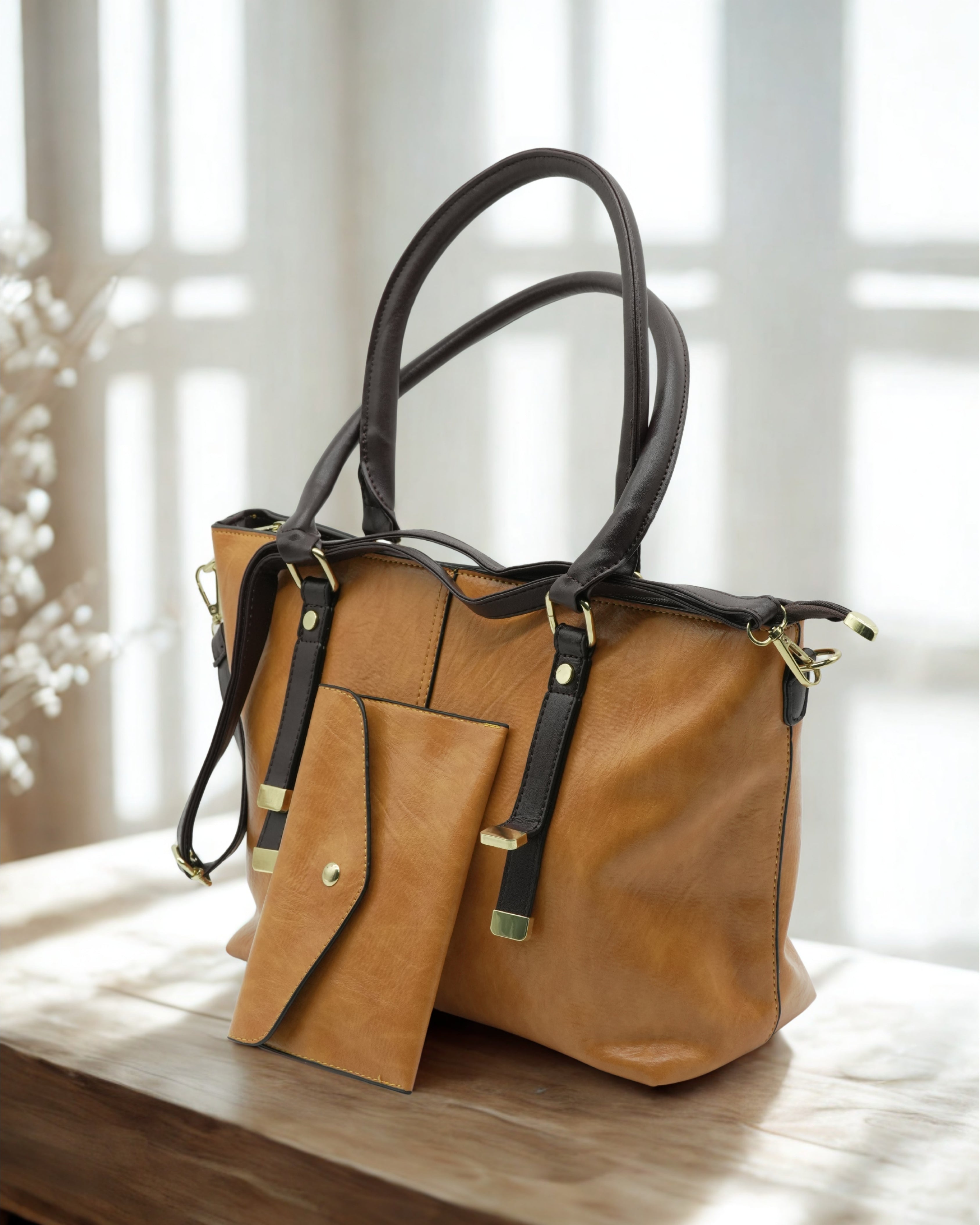 Women’s Tan Leather Tote Bag with Matching Wallet – Large Shoulder Handbag for Work & Everyday Use