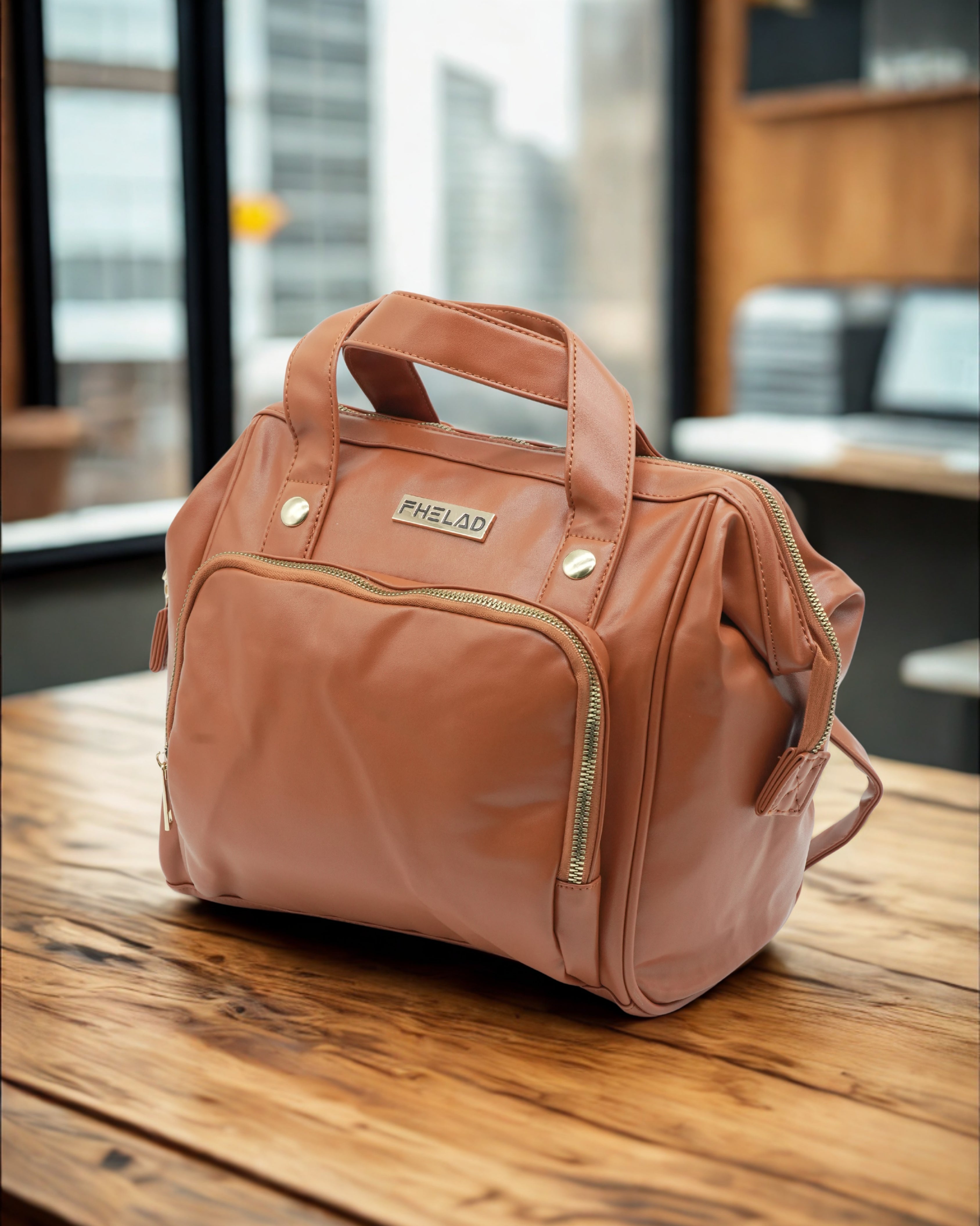PHELAD Large Peach Leather Tote Bag – Stylish Women’s Shoulder Bag with Gold Tone Zippers