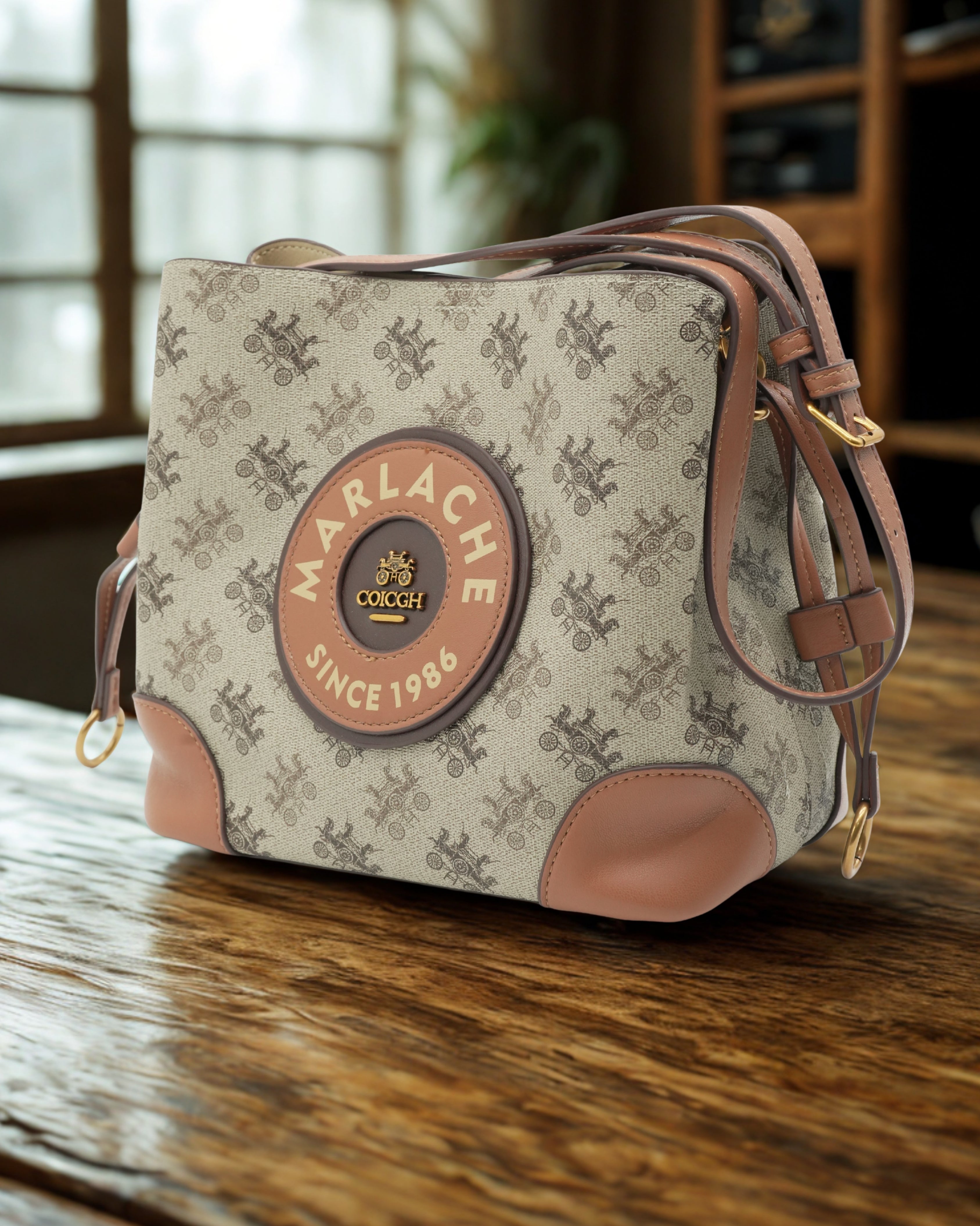 Women’s Designer-Inspired Beige Canvas Crossbody Bag with Faux Leather Accents – Marlache Since 1986 Pattern Shoulder Purse