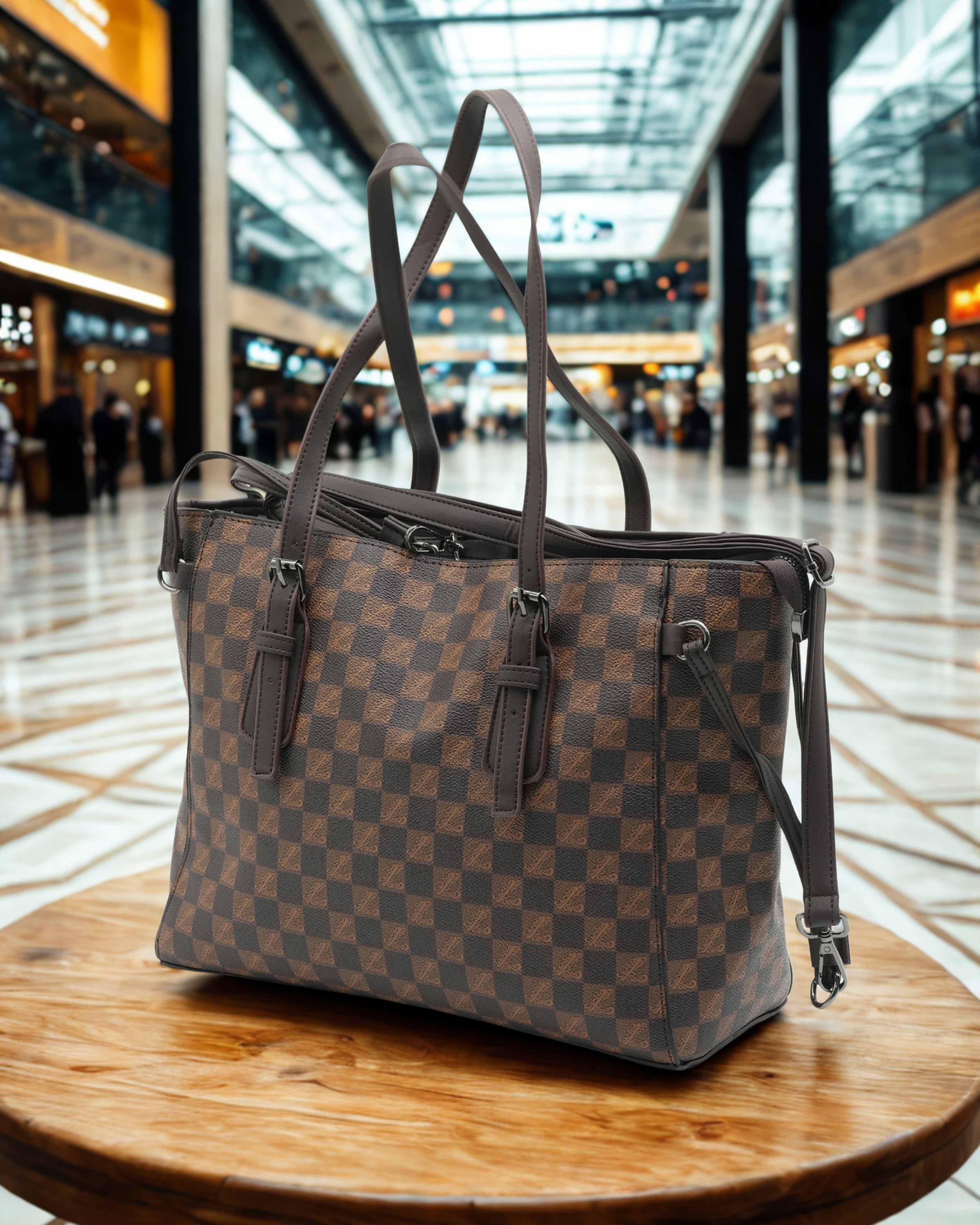 Brown Checkered PU Leather Tote Bag – Large Women’s Shoulder Bag with Zipper & Crossbody Strap