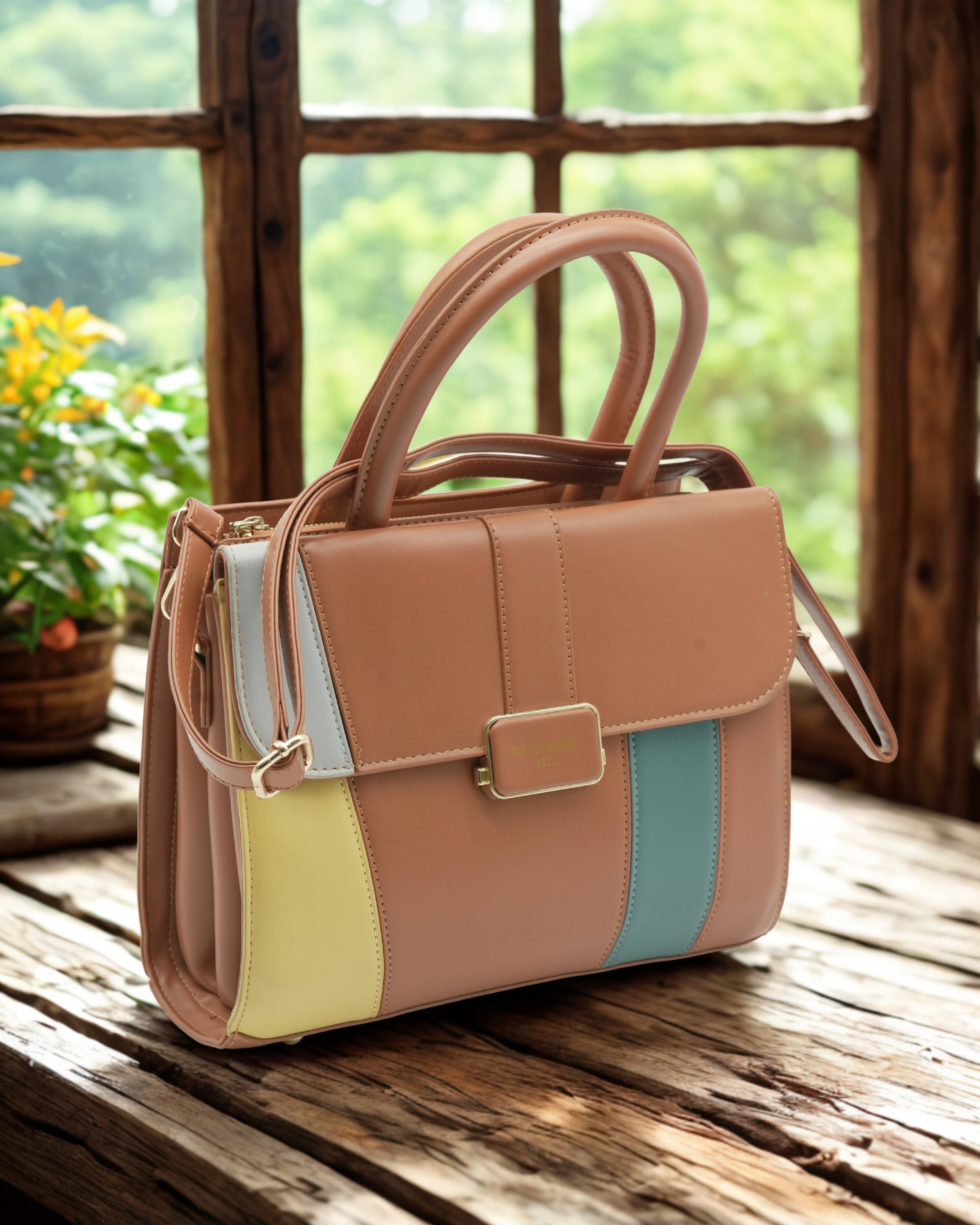 Pastel Color Block PU Leather Handbag – Stylish Women’s Tote with Top Handle & Crossbody Strap