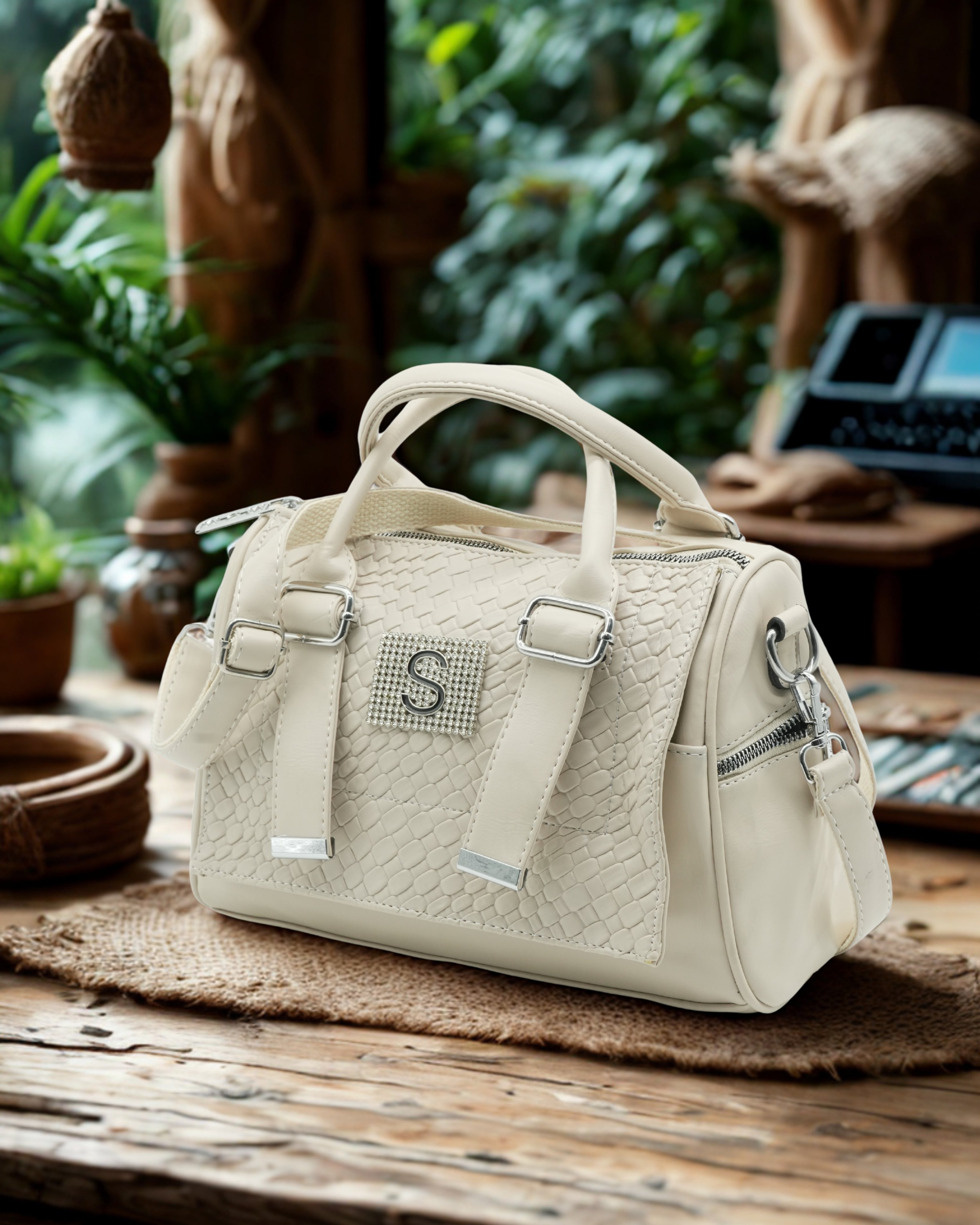 Elegant Cream White Faux Leather Satchel Handbag for Women – Textured Croc Pattern with Rhinestone “S” Emblem & Silver Hardware