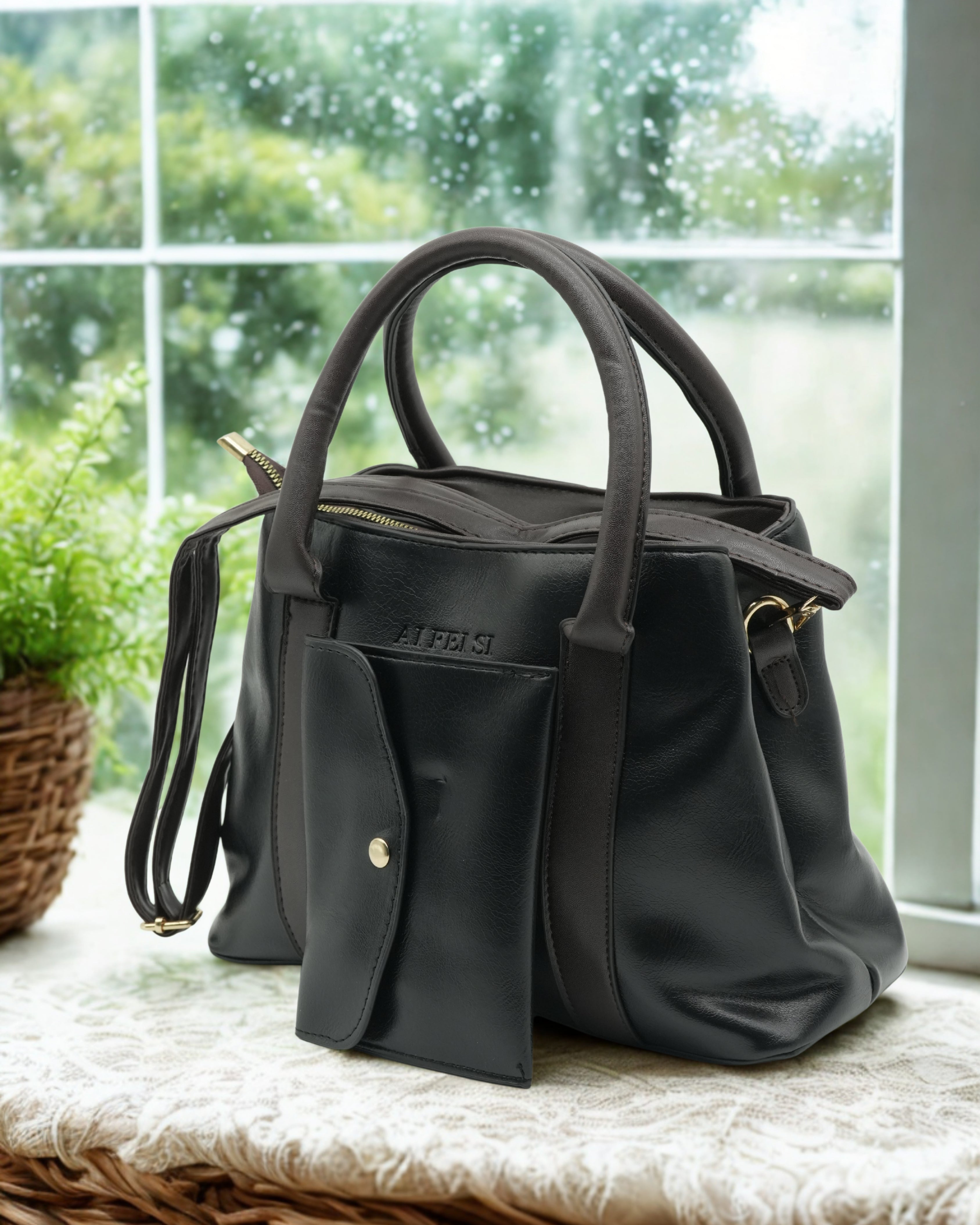 Black PU Leather Handbag Set – Luxury Women’s Tote with Matching Wallet & Gold Hardware