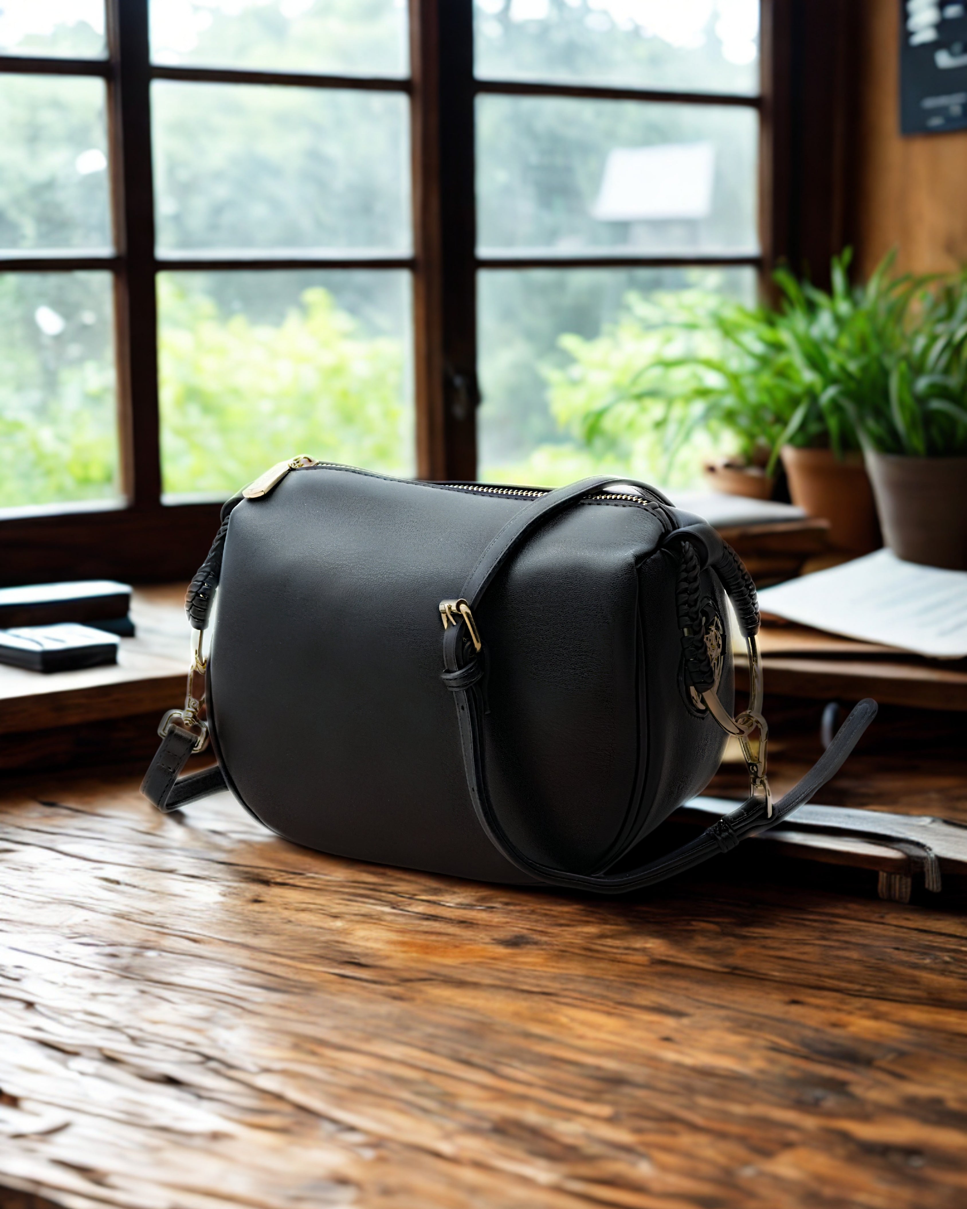 Minimalist Black Faux Leather Crossbody Bag for Women – Sleek Half-Moon Design with Adjustable Strap & Gold Tone Hardware