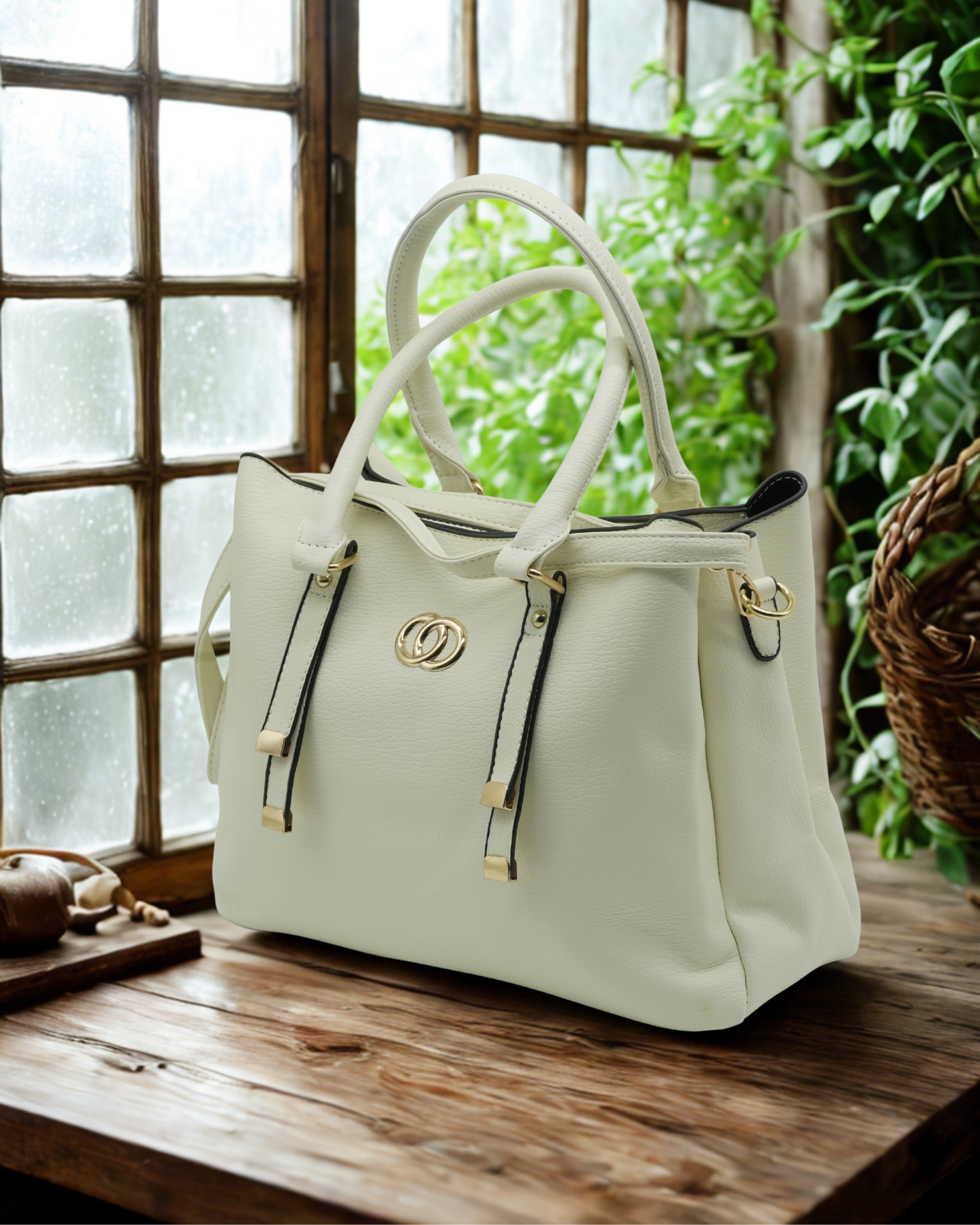 Elegant White Artificial Leather Tote Bag – Women’s Structured Handbag with Gold Accents & Top Handles
