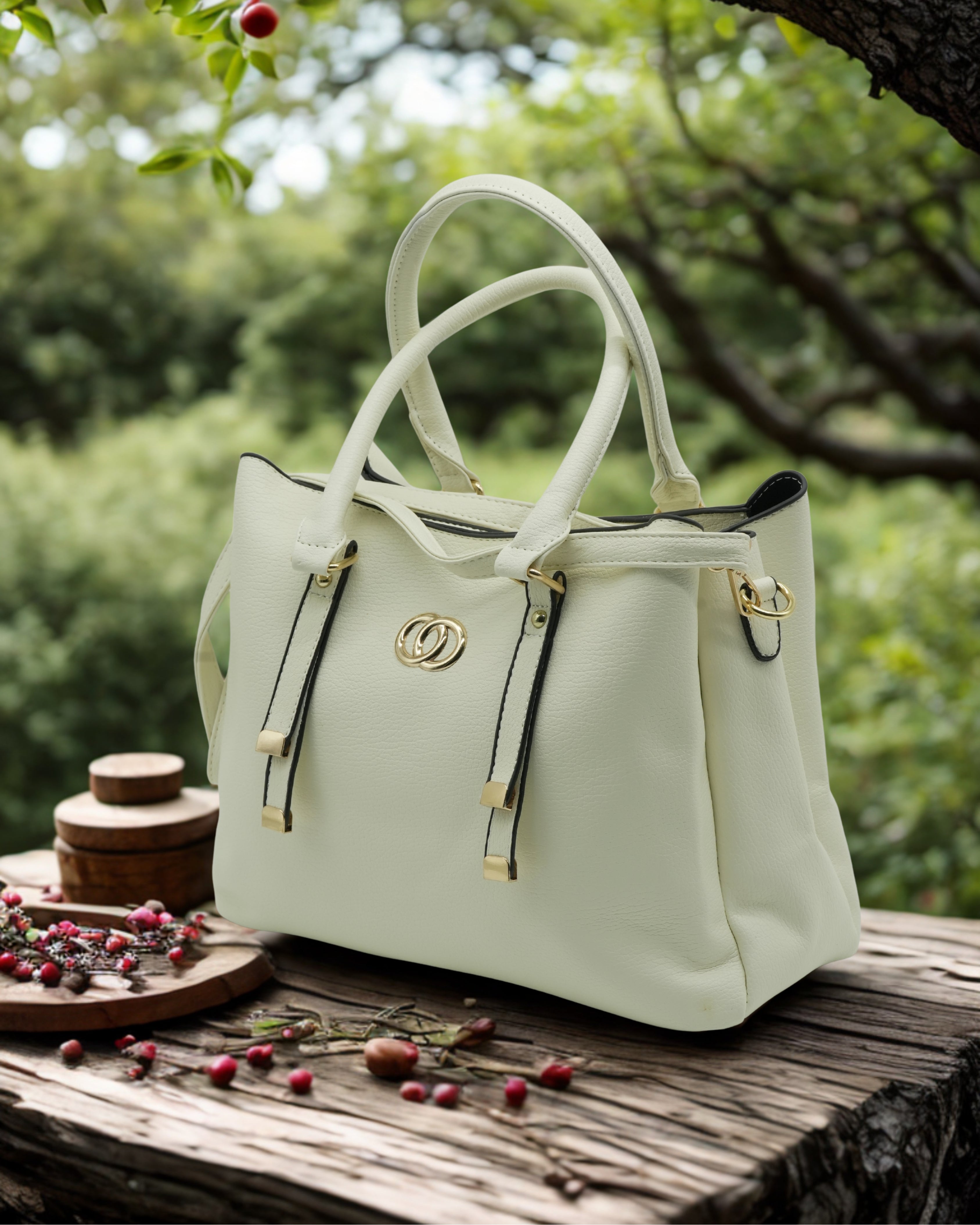 Elegant White Artificial Leather Tote Bag – Women’s Structured Handbag with Gold Accents & Top Handles