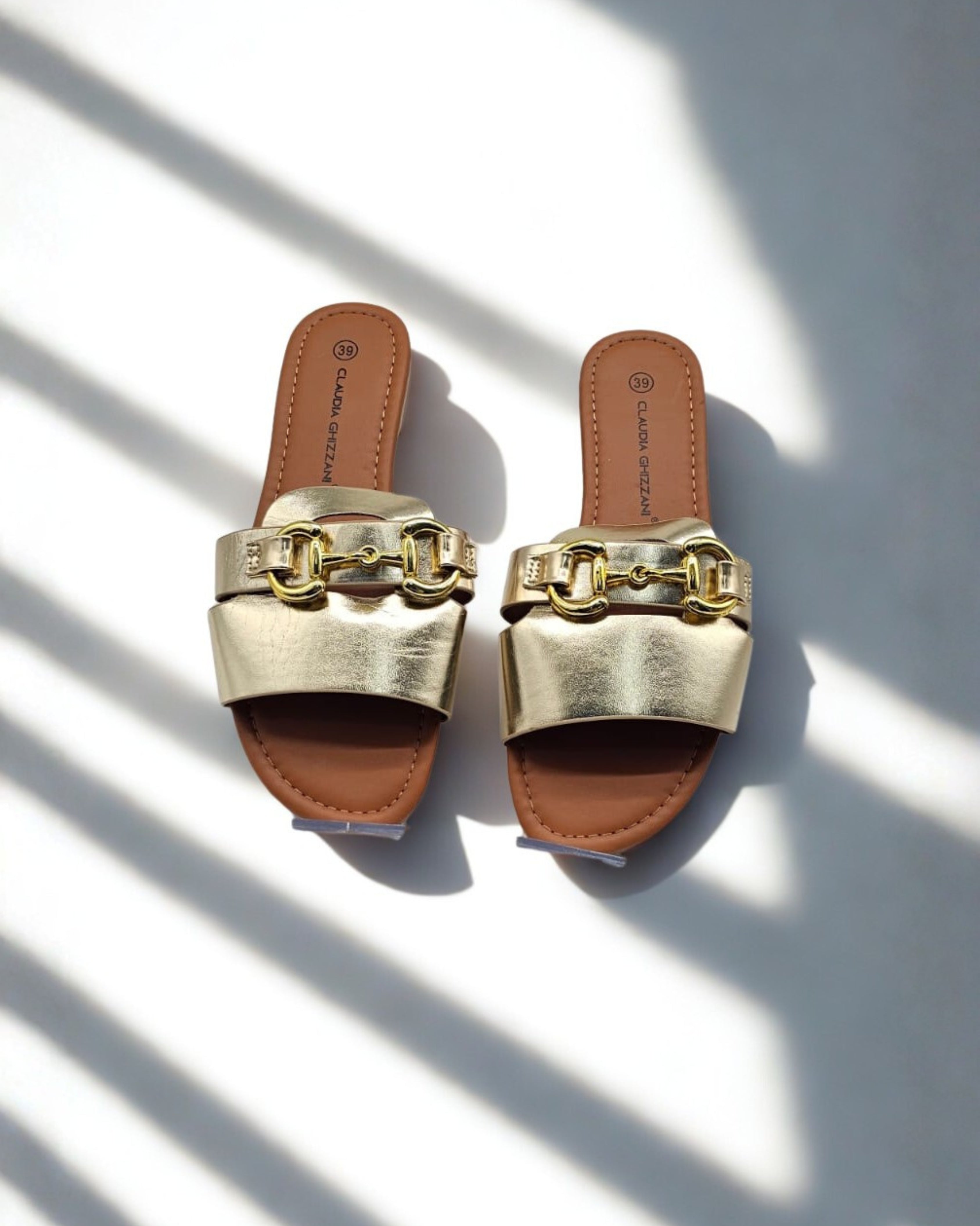 Women’s Gold Slip-On Sandals with Chain Detail – Elegant Flat Slides for Party, Eid & Evening Wear