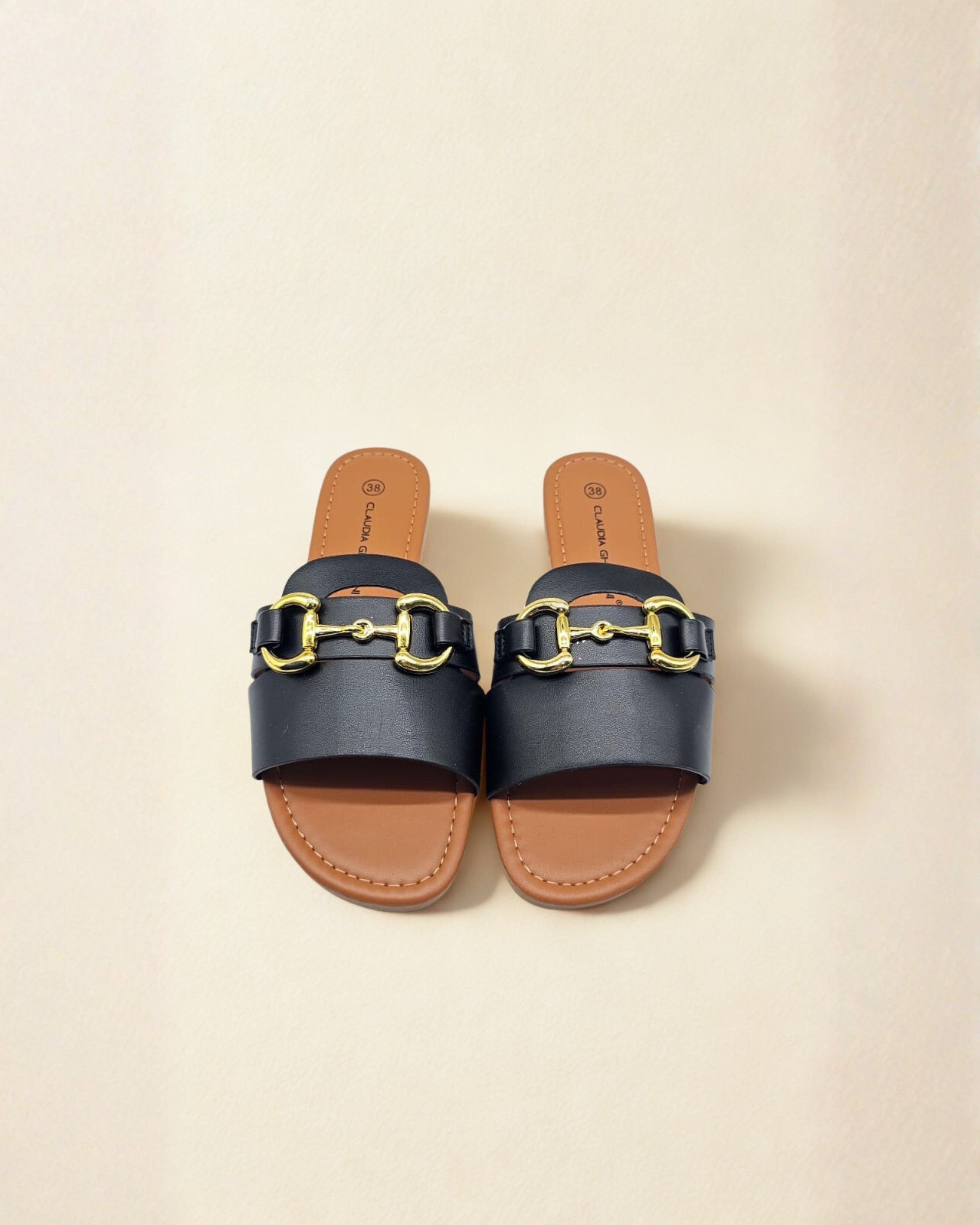 Women’s Black Slip-On Sandals with Chain Detail