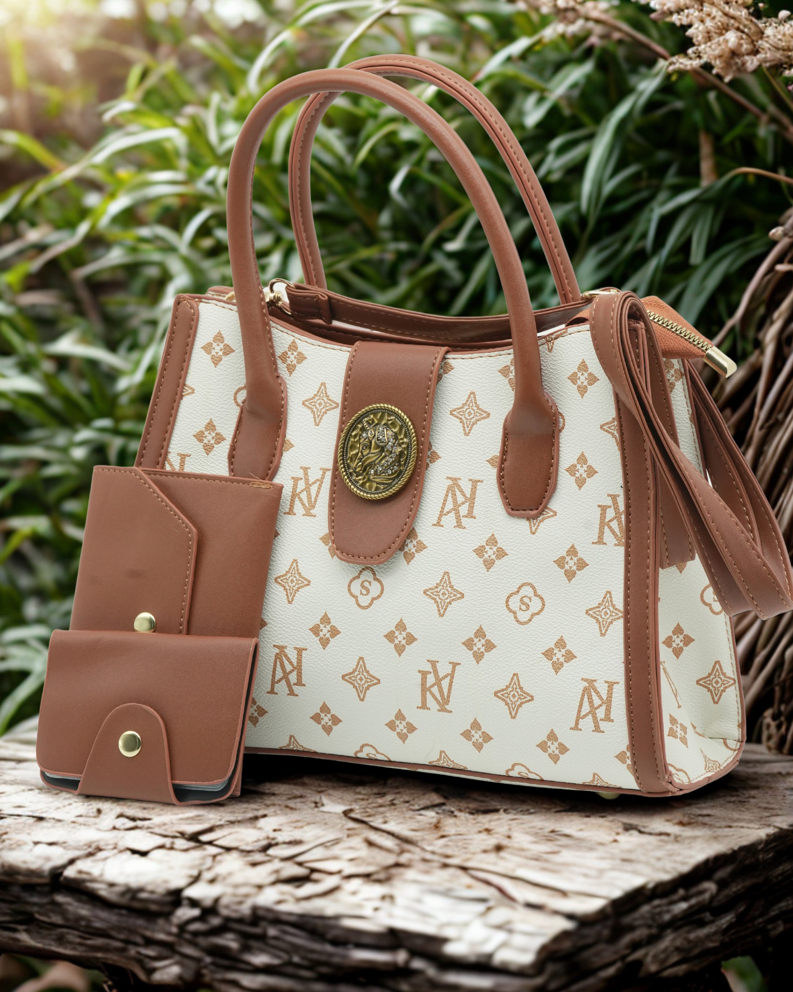 Luxury Brown & White Monogram Tote Handbag with Matching Wallet – Designer-Inspired PU Leather Purse for Women