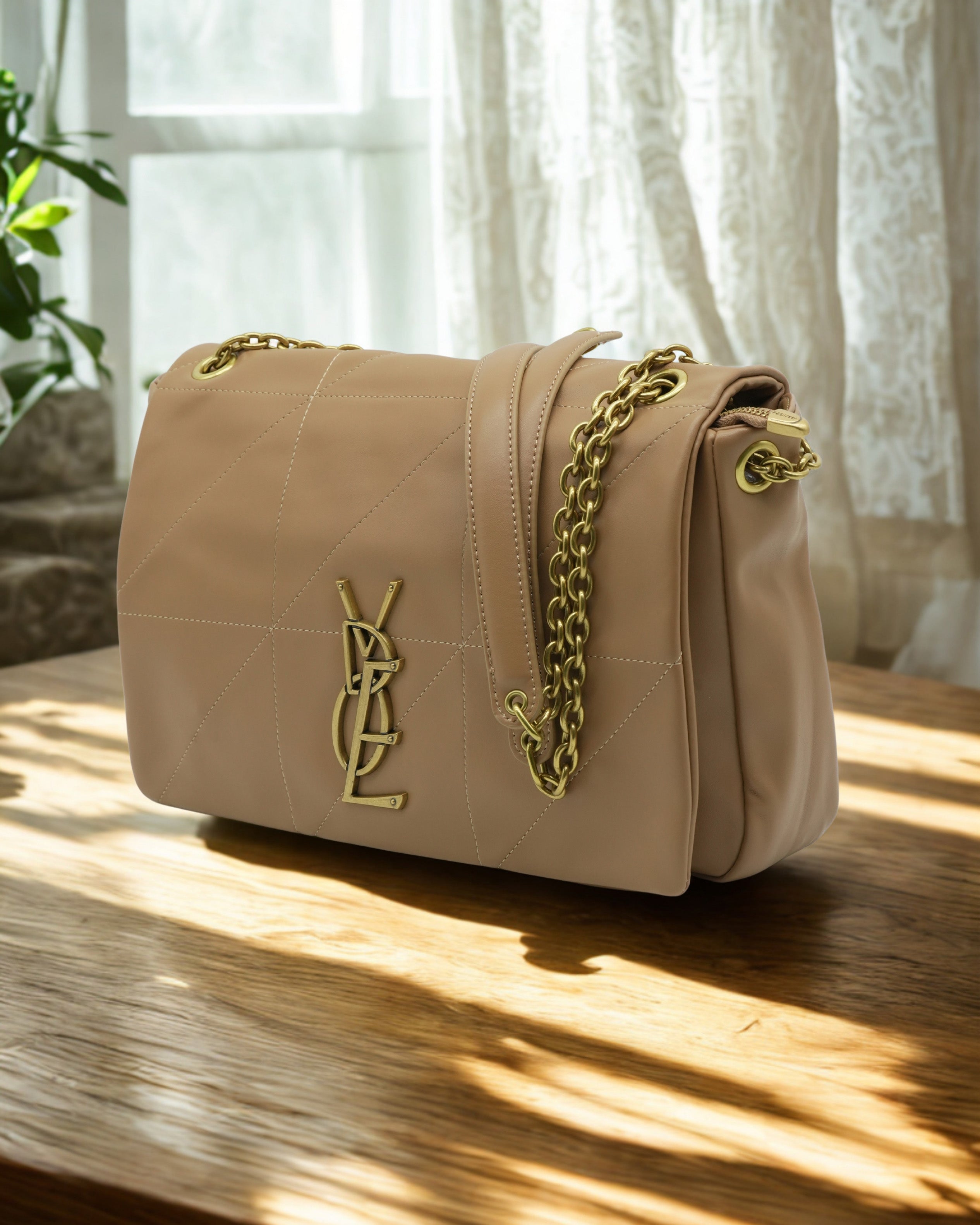 Beige Leather Shoulder Bag with Gold tone Chain – Elegant Crossbody Purse for Women