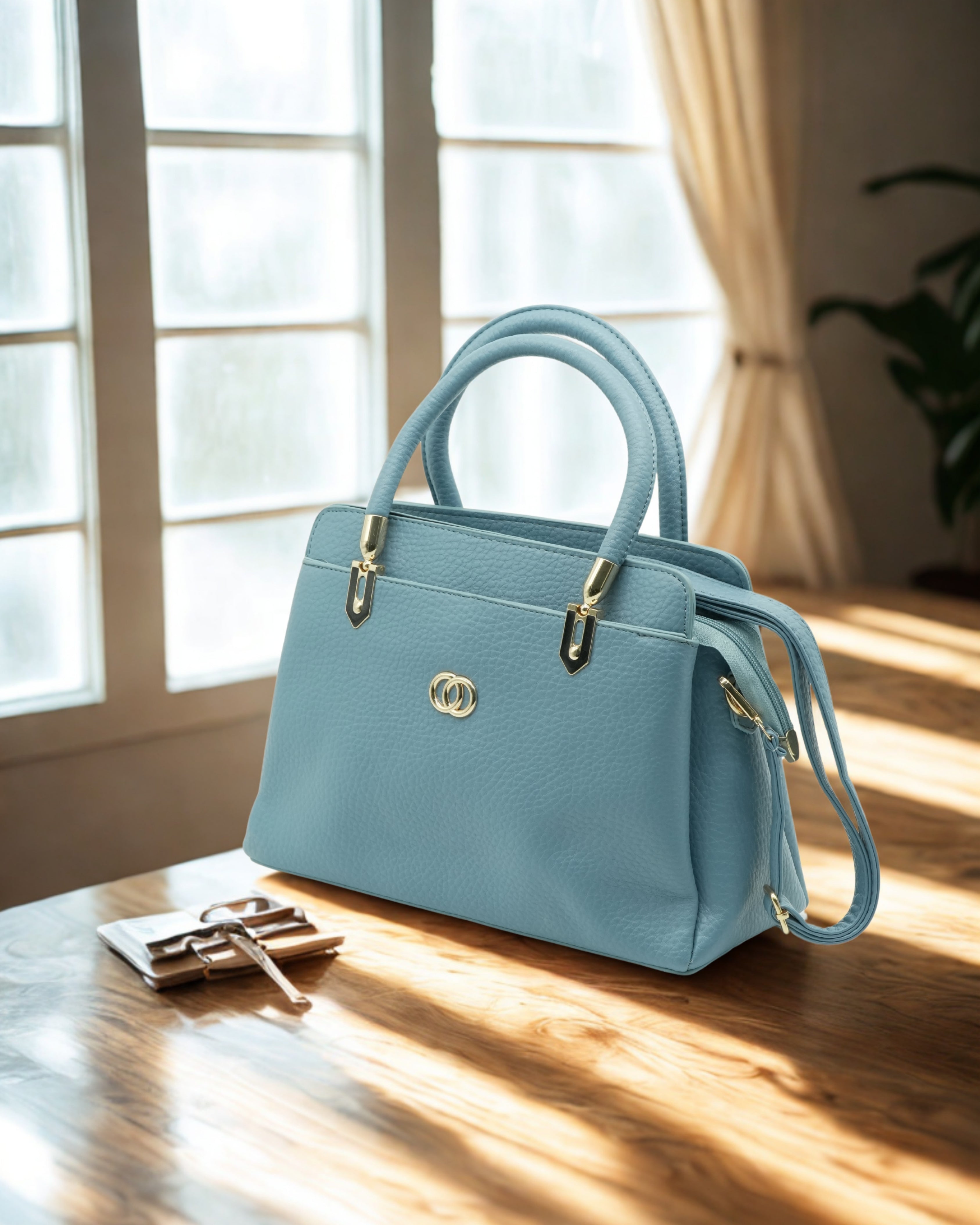 Elegant Light Blue Flex  Leather Tote Bag – Women’s Structured Handbag with Gold Accents & Top Handles