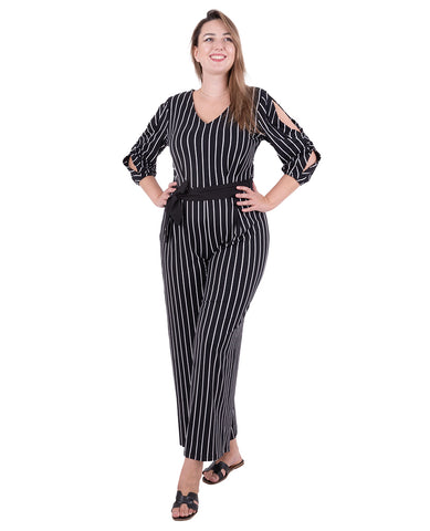 Striped roll up jumpsuit black and white
