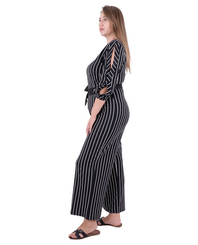 Striped roll up jumpsuit black and white