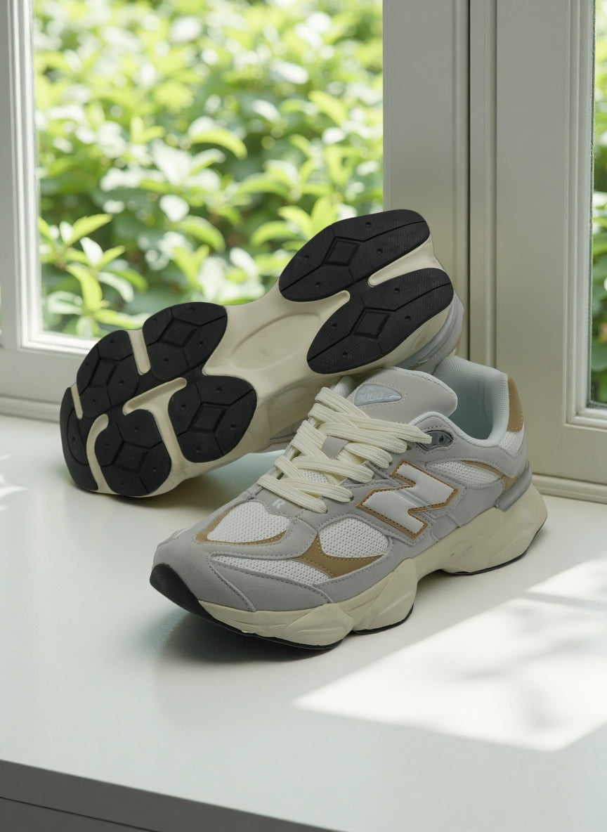 NBK 9060 Unisex Retro Chunky Lifestyle Sneakers – Light Grey & Tan