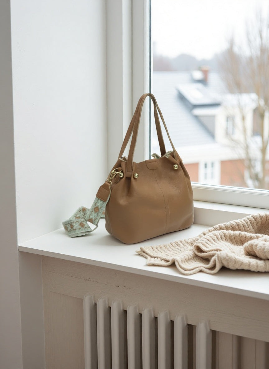 Elegant Small Tote Handbag for Women – Soft Leather Shoulder Bag with Detachable Scarf Accent
