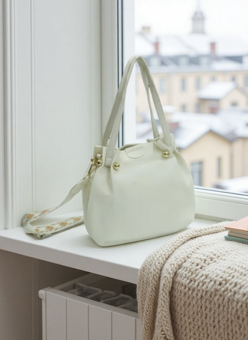 Elegant Small Tote Handbag for Women – Soft Leather Shoulder Bag with Detachable Scarf Accent