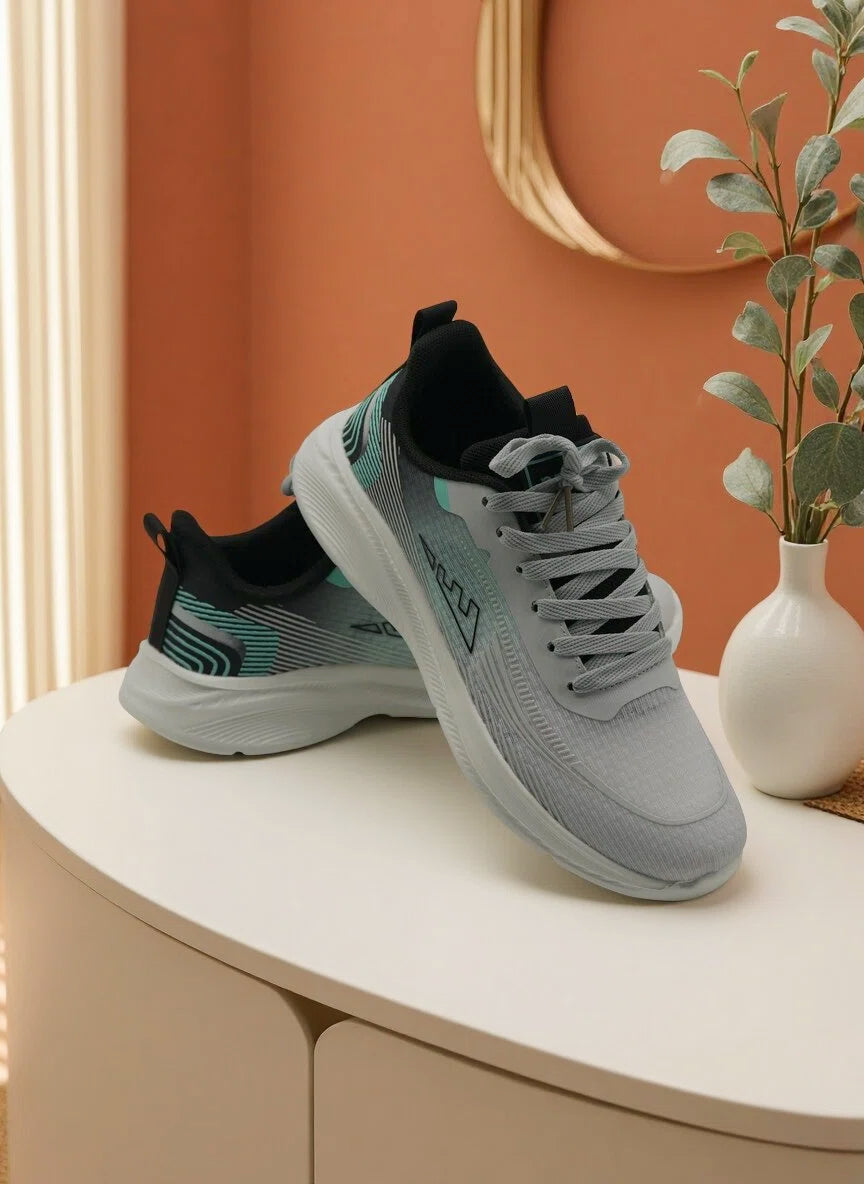 Men’s Performance Running Sneakers – Breathable Grey and Teal Gradient Athletic Training Shoes