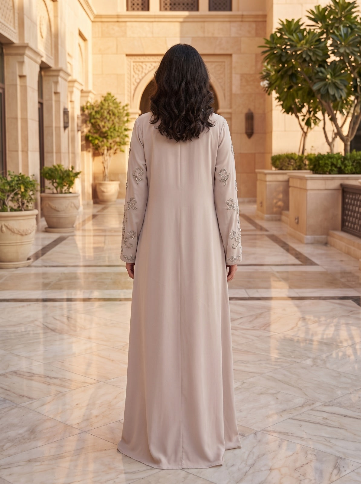 Silver Crystal Vine & Leaf Embroidered Jalabiya | Mandarin Collar Kaftan Maxi Dress