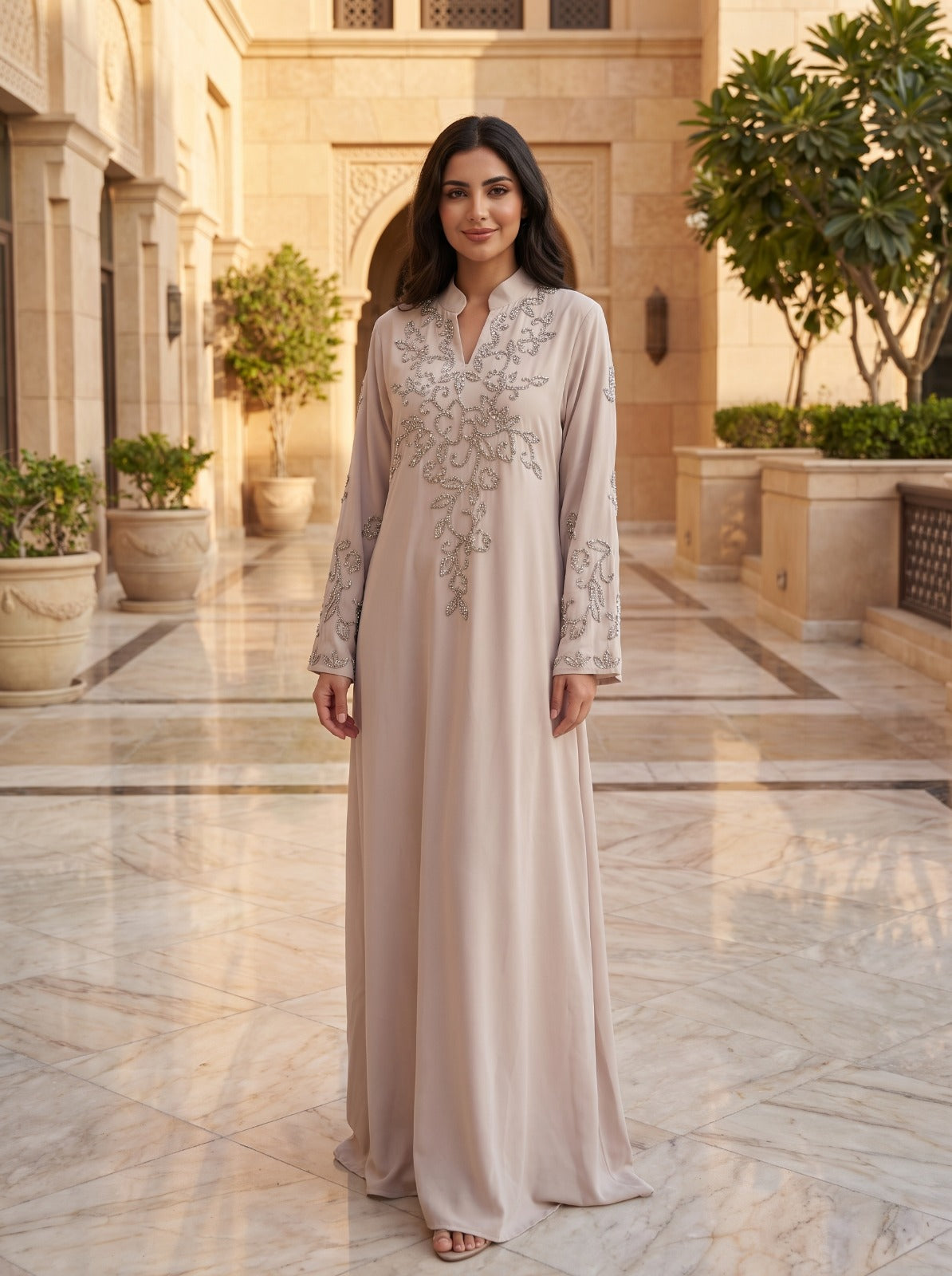 Silver Crystal Vine & Leaf Embroidered Jalabiya | Mandarin Collar Kaftan Maxi Dress