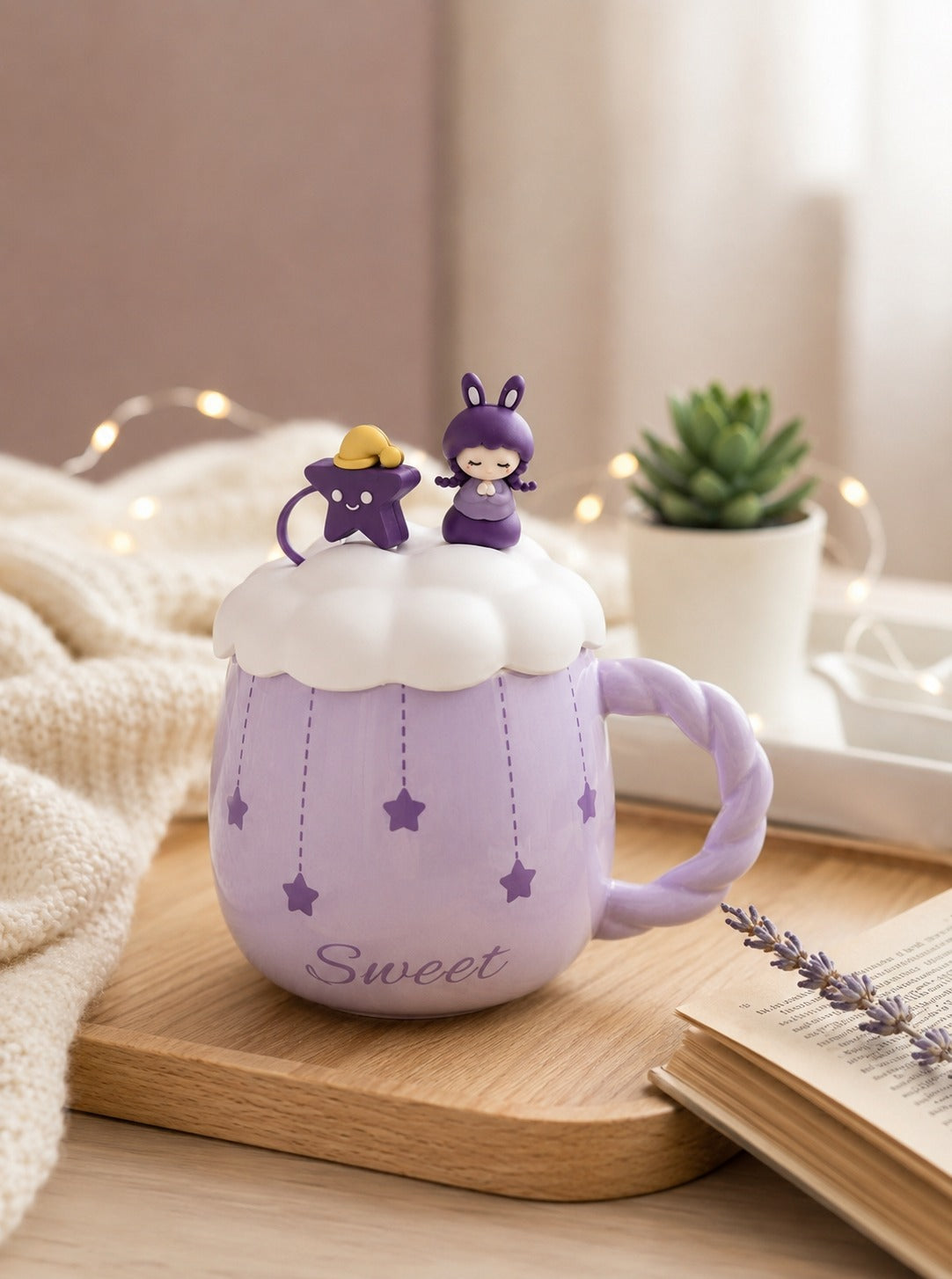 Kawaii Pastel Blue Ceramic Mug with Cloud Lid - Coffee Cup