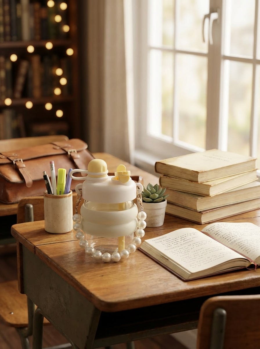 Elegant Pearl Handle Kids Water Bottle with Straw – Leakproof Portable Sipper