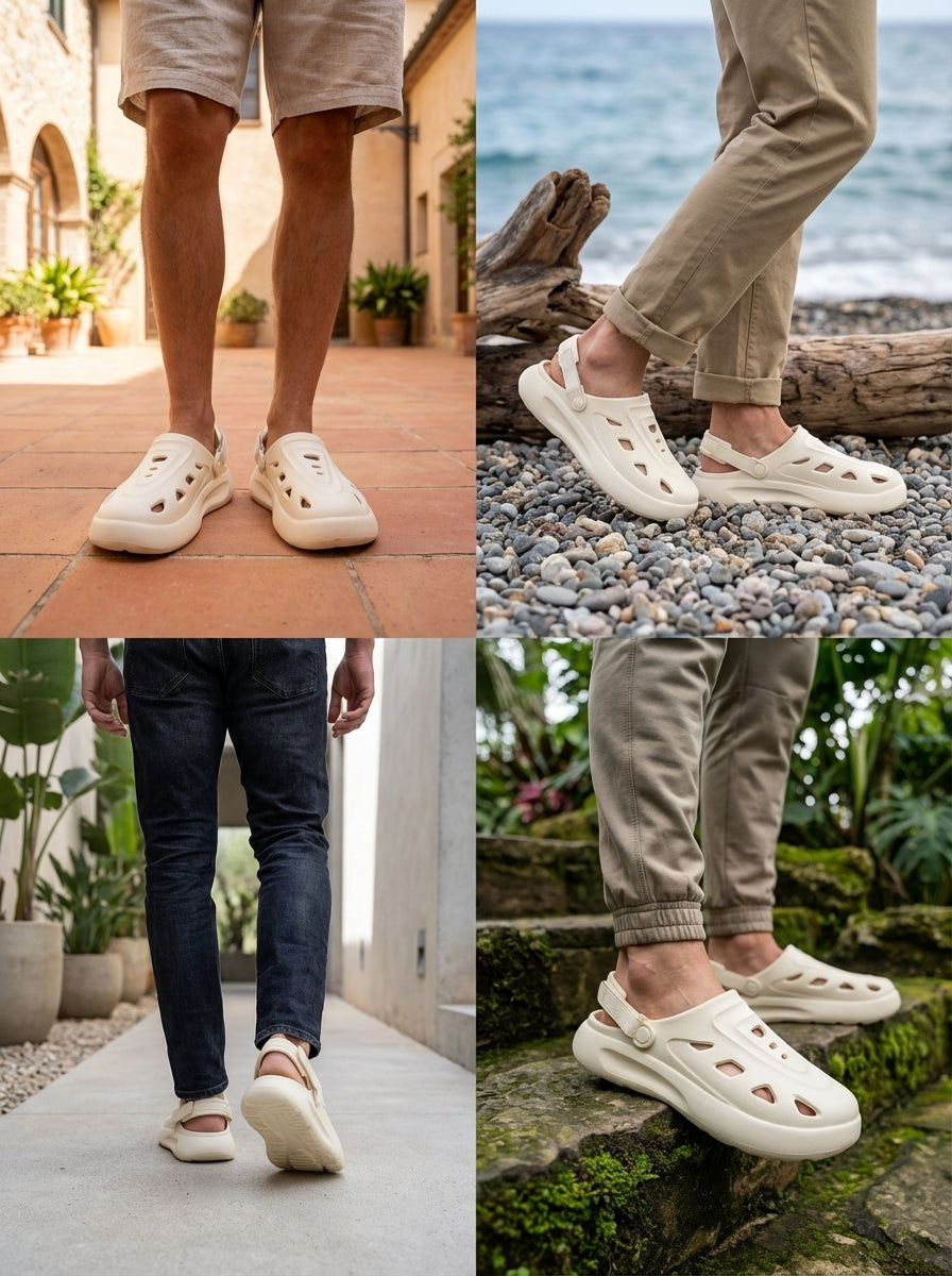 Collage of people wearing white sandals in various settings.