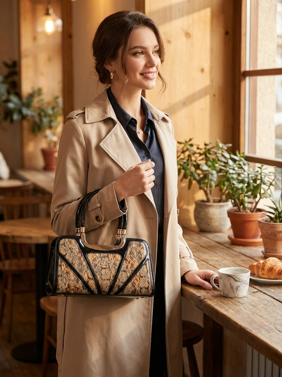 Woman in a beige trench coat holding a patterned handbag in a cozy cafe.