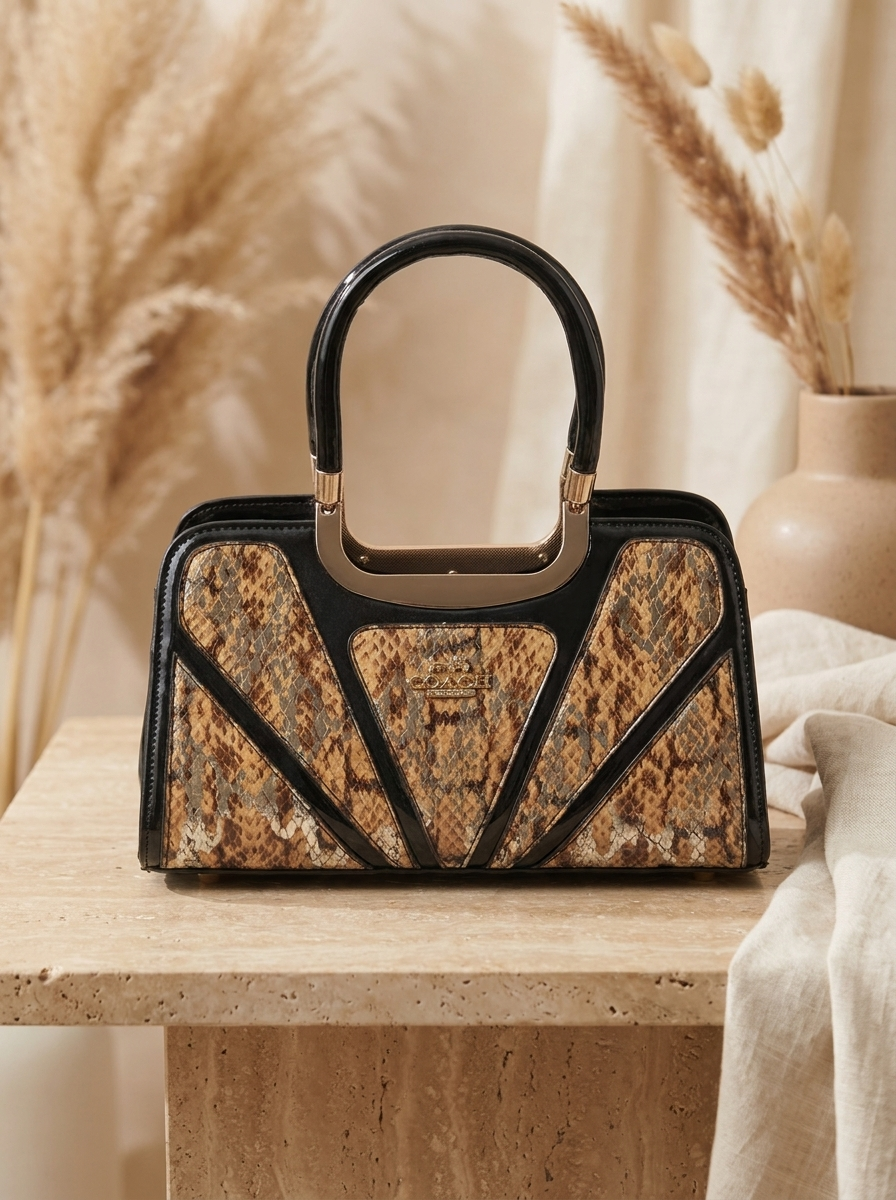 Women's Exotic Print Satchel with Patent Leather Accent - Top-Handle Handbag