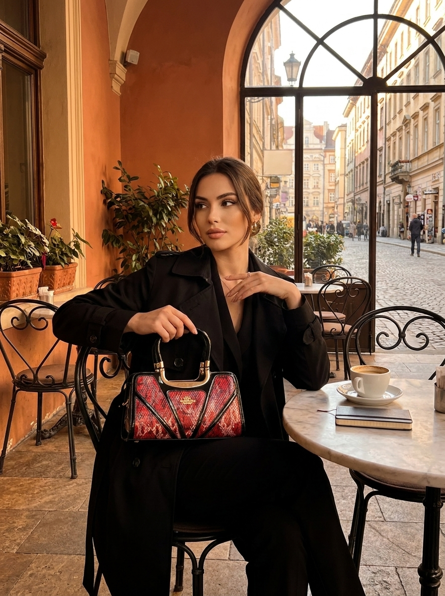 Woman sitting at an outdoor cafe holding a handbag, with a city street in the background.