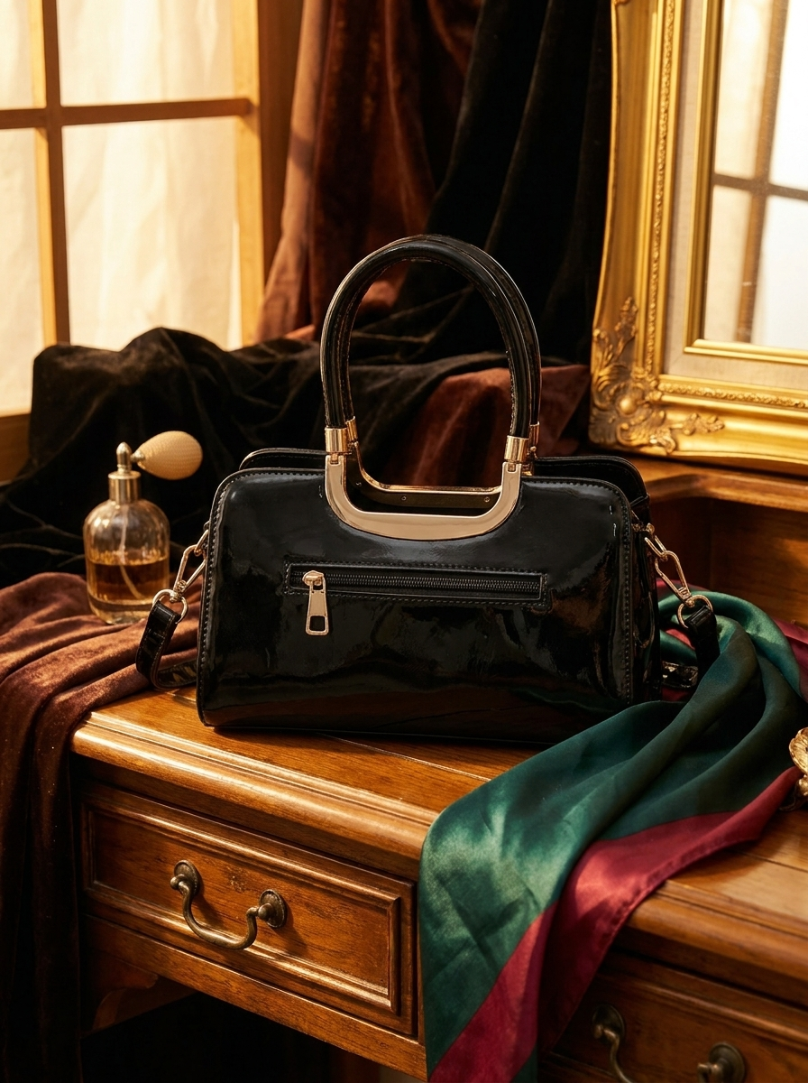 Black handbag on a wooden surface with a scarf and perfume bottle in the background