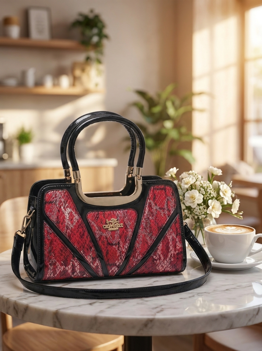 Red handbag with black accents on a marble table in a bright room.
