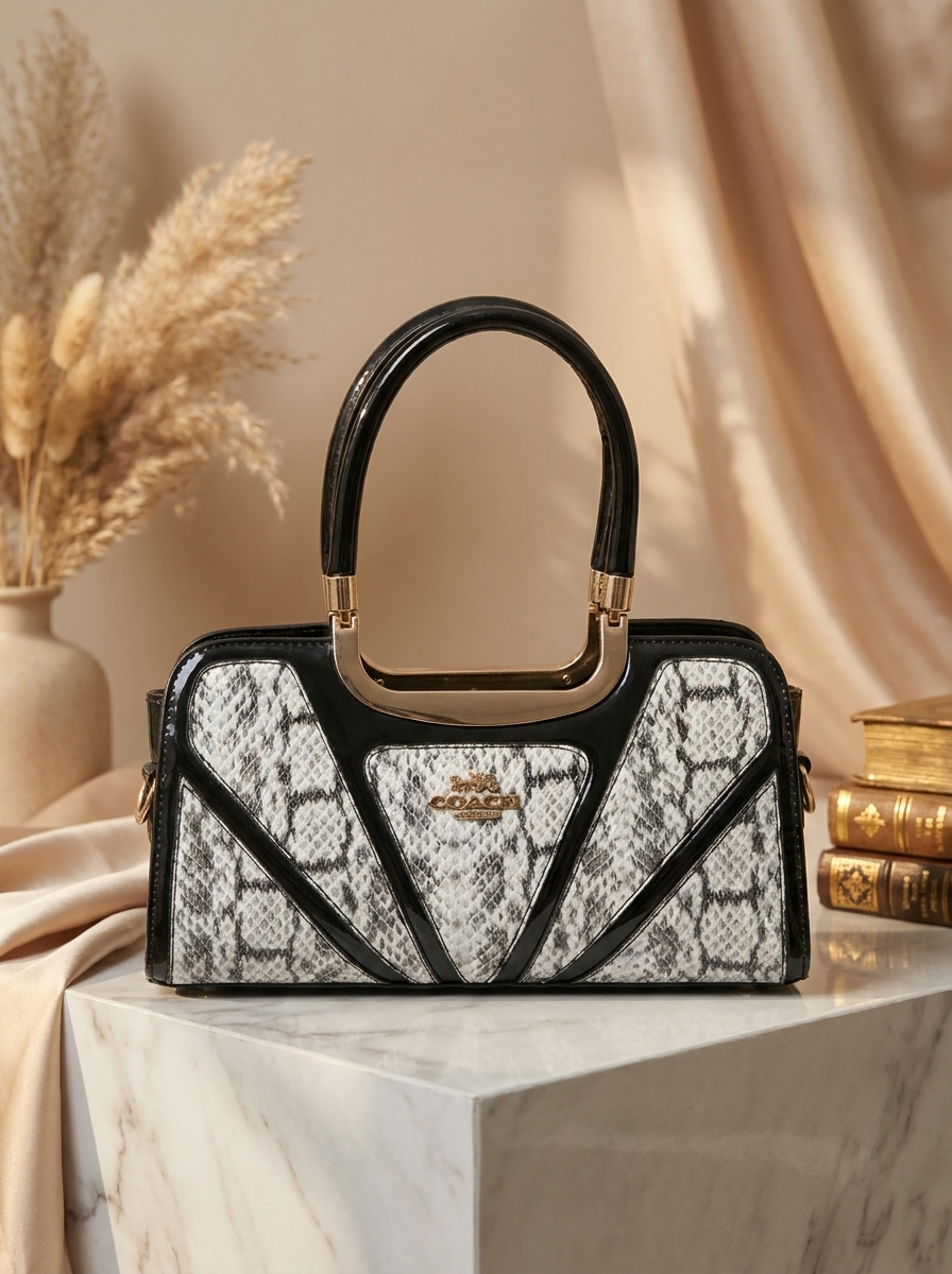 Women's Exotic Print Satchel with Patent Leather Accent - Top-Handle Handbag