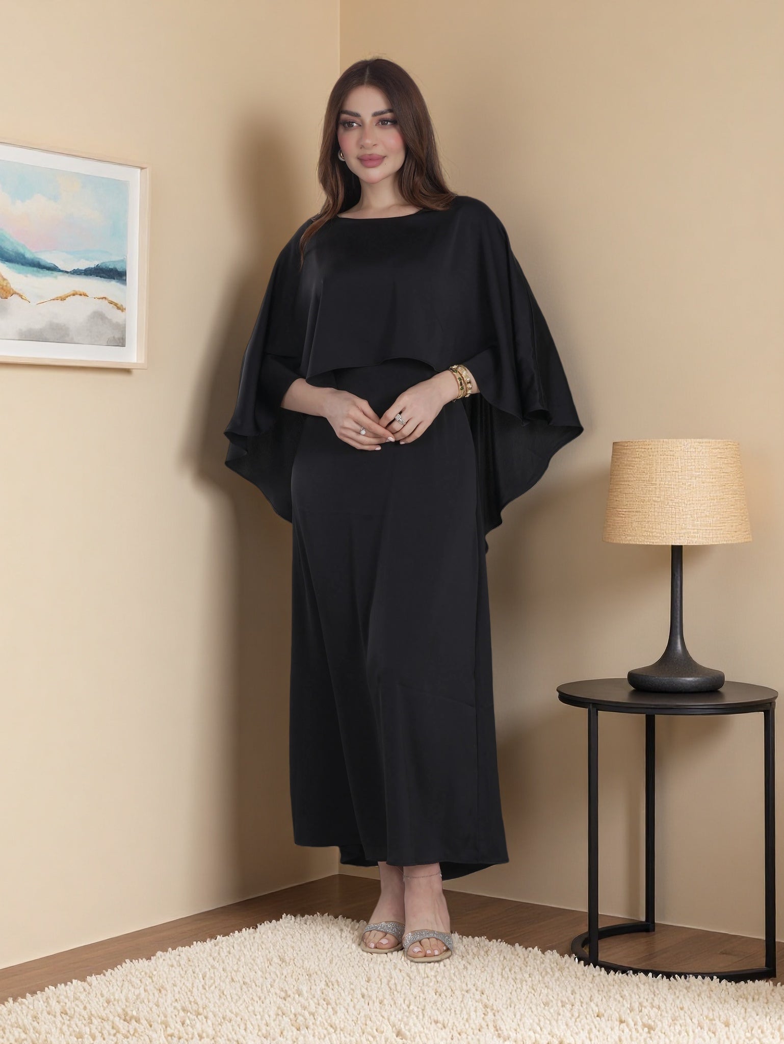 Finelook Luxury Cape Sleeve Midi Dress – Elegant Modest Saudi Evening Dress