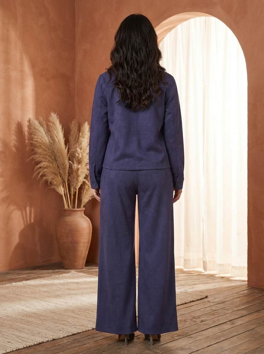 Women’s Suede Two-Piece Set – Button-Up Jacket & Wide-Leg Pants | Modest Elegant Outfit