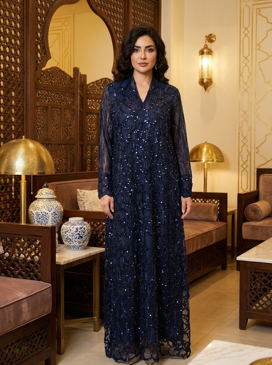 Woman in a dark blue embroidered dress standing in an ornate room with wooden furniture and decorative elements.