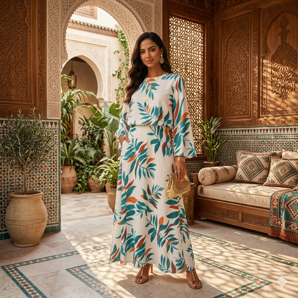 Elegant Tropical Leaf Print Long Sleeve Maxi Dress - Modest Botanical Collection